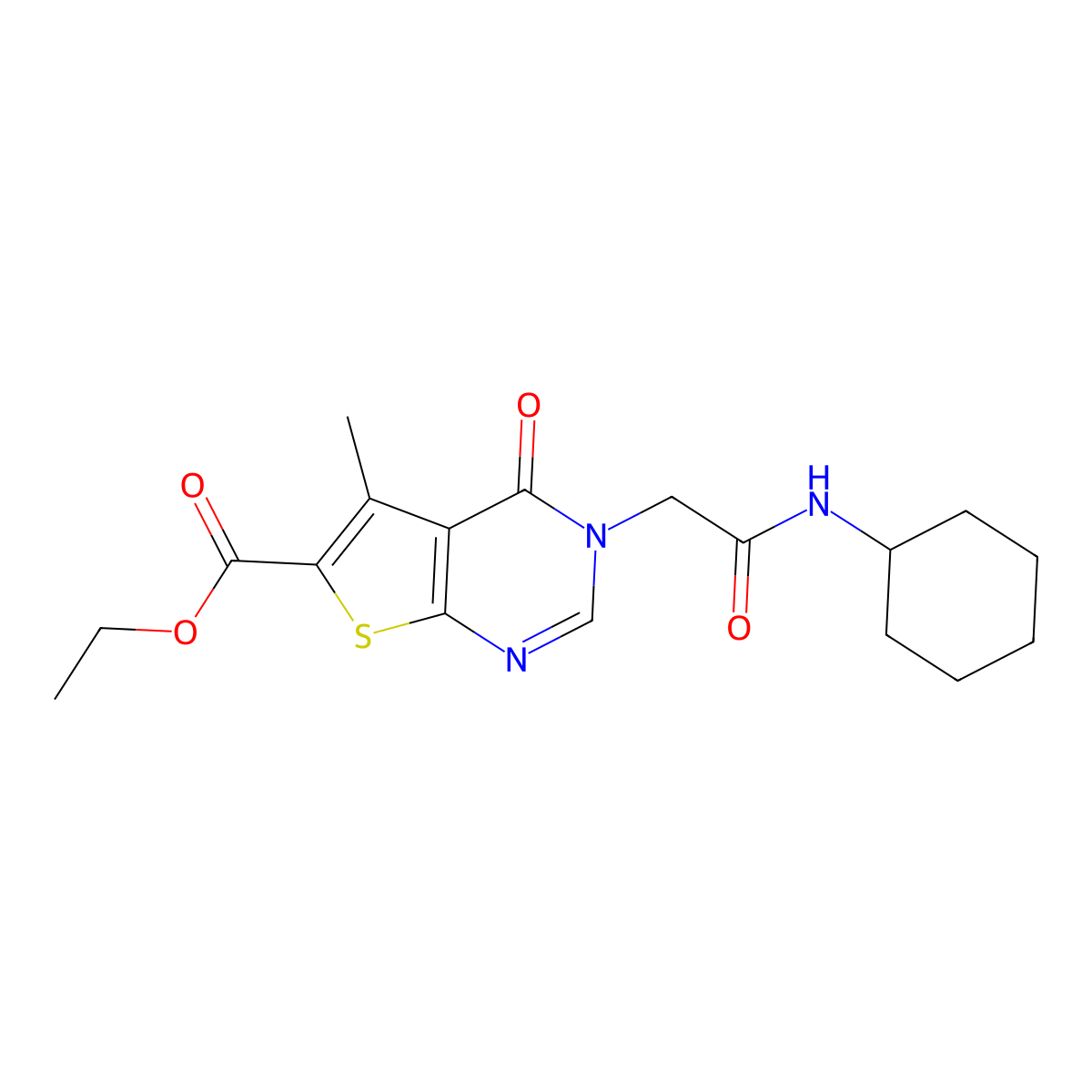 Ethyl 3-[2-(cyclohexylamino)-2-oxoethyl]-5-methyl-4-oxo-3,4-dihydrothieno[2,3-d]pyrimidine-6-carboxylate molecular structure, CAS 634162-78-0