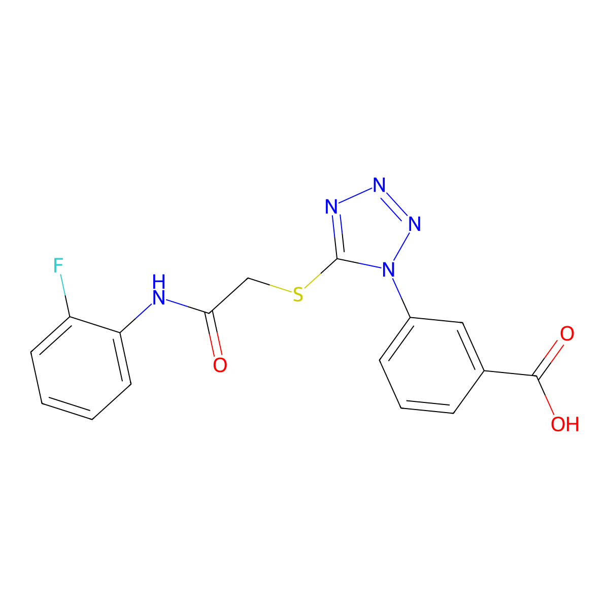 3-[5-[2-(2-Fluoroanilino)-2-oxoethyl]sulfanyltetrazol-1-yl]benzoic acid molecular structure, CAS 634166-22-6