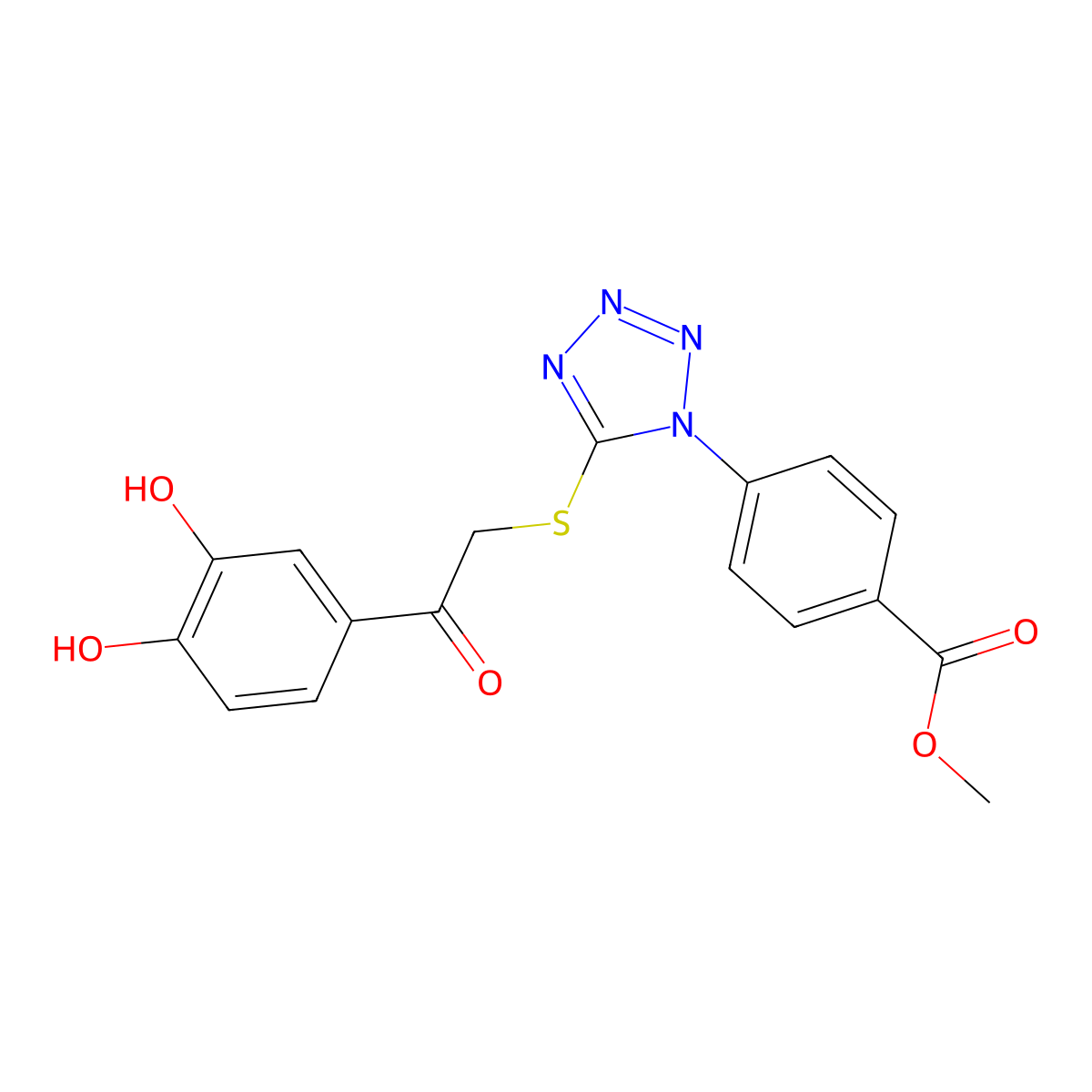 methyl 4-(5-((2-(3,4-dihydroxyphenyl)-2-oxoethyl)thio)-1H-tetrazol-1-yl)benzoate molecular structure, CAS 634166-31-7