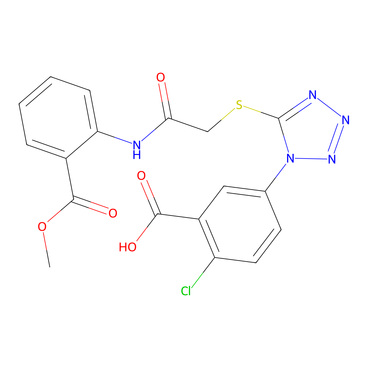 2-Chloro-5-[5-[2-(2-methoxycarbonylanilino)-2-oxoethyl]sulfanyltetrazol-1-yl]benzoic acid molecular structure, CAS 634166-37-3