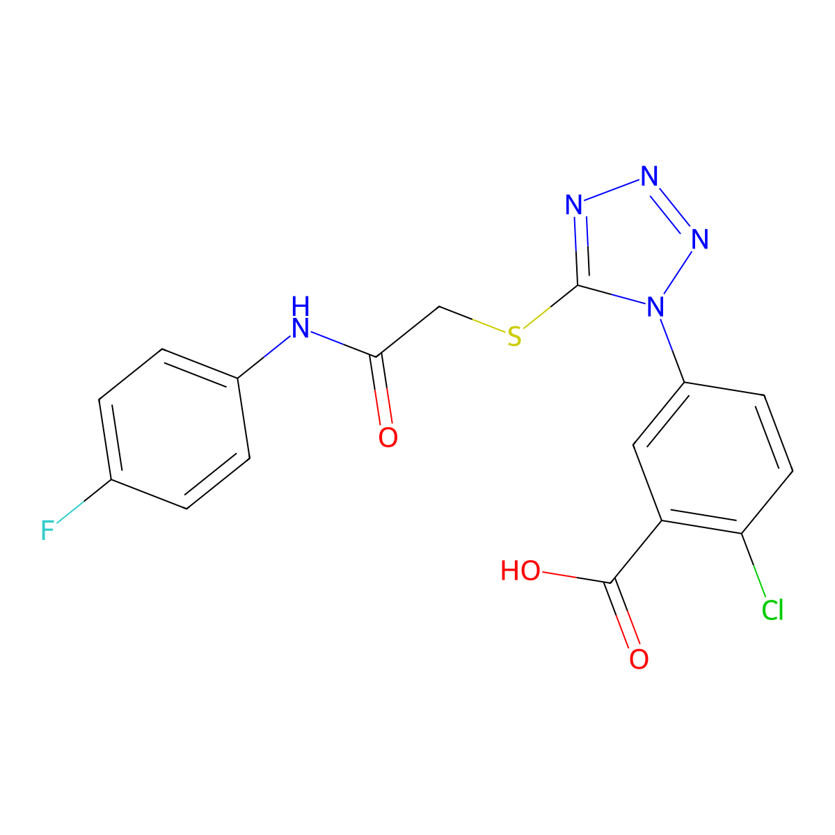 2-Chloro-5-[5-[2-(4-fluoroanilino)-2-oxoethyl]sulfanyltetrazol-1-yl]benzoic acid molecular structure, CAS 634166-39-5