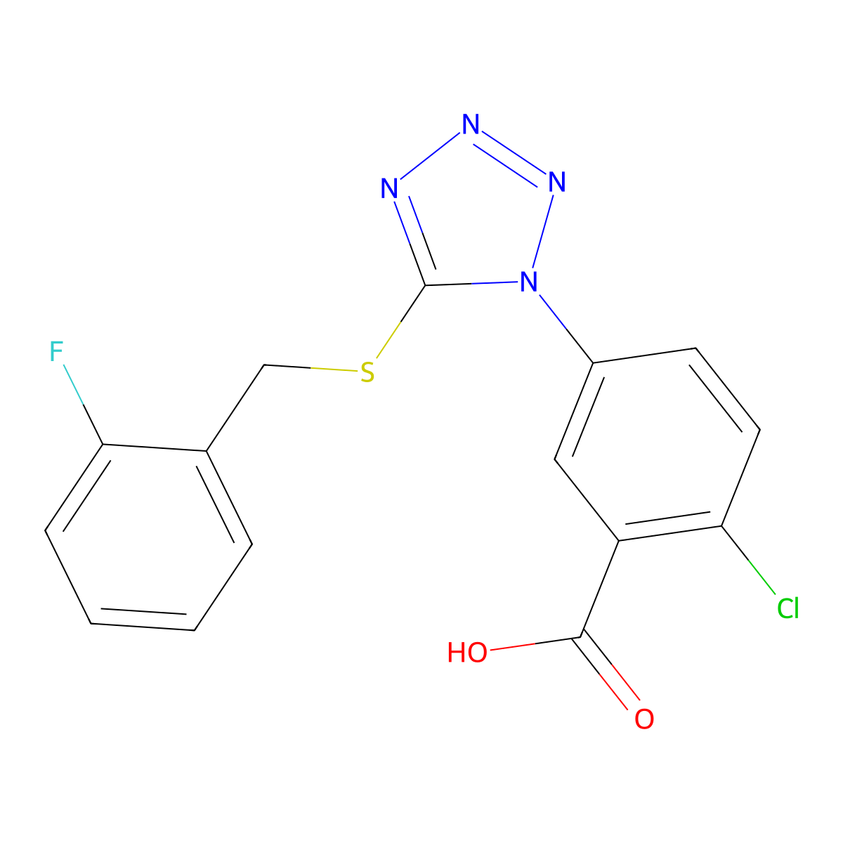 2-Chloro-5-[5-[(2-fluorophenyl)methylsulfanyl]tetrazol-1-yl]benzoic acid molecular structure, CAS 634166-41-9