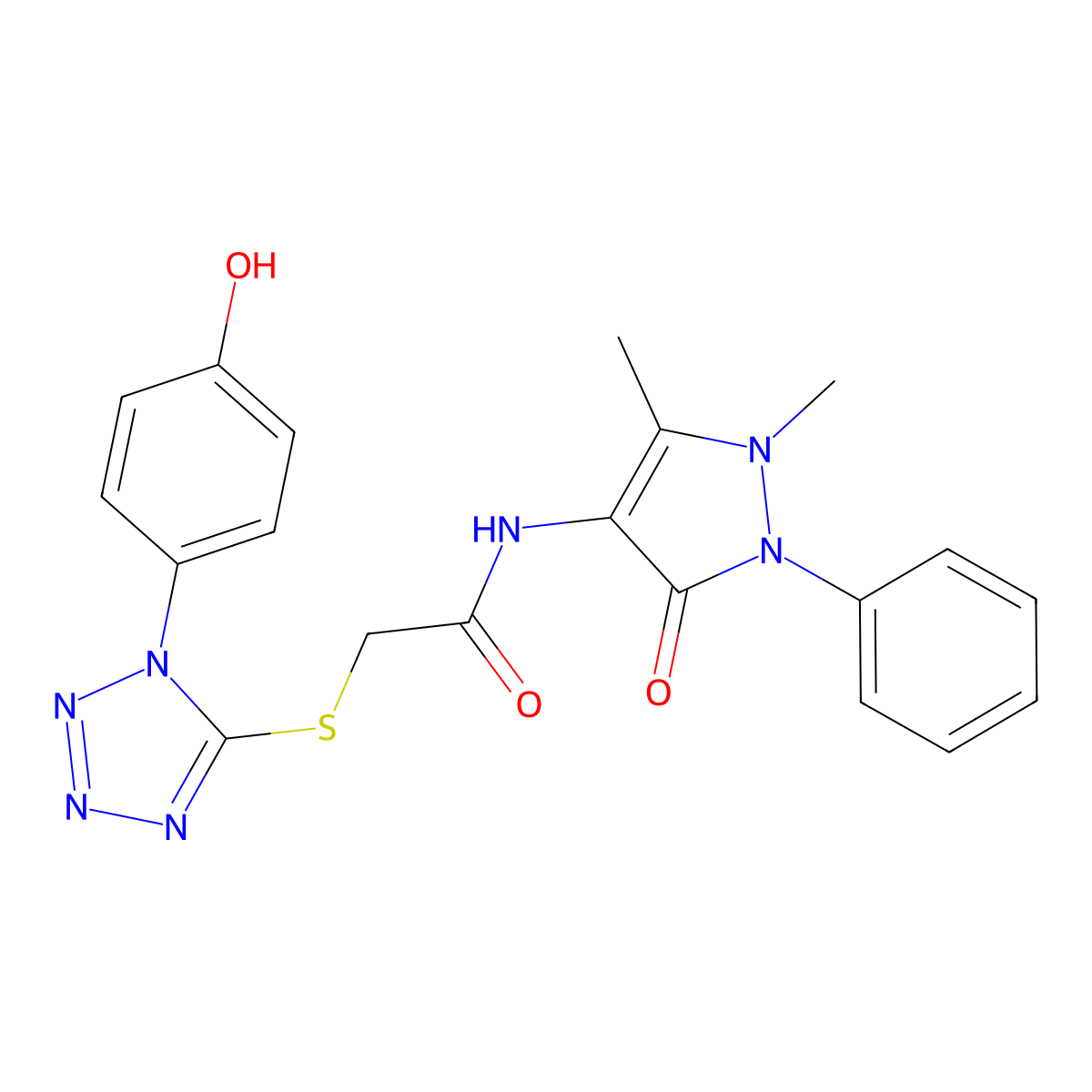 N-(1,5-dimethyl-3-oxo-2-phenylpyrazol-4-yl)-2-[1-(4-hydroxyphenyl)tetrazol-5-yl]sulfanylacetamide molecular structure, CAS 634166-48-6