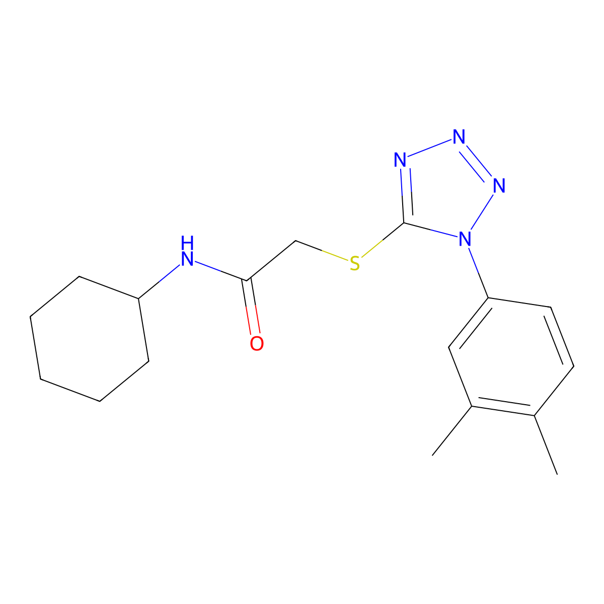 N-cyclohexyl-2-[1-(3,4-dimethylphenyl)tetrazol-5-yl]sulfanylacetamide molecular structure, CAS 634166-74-8