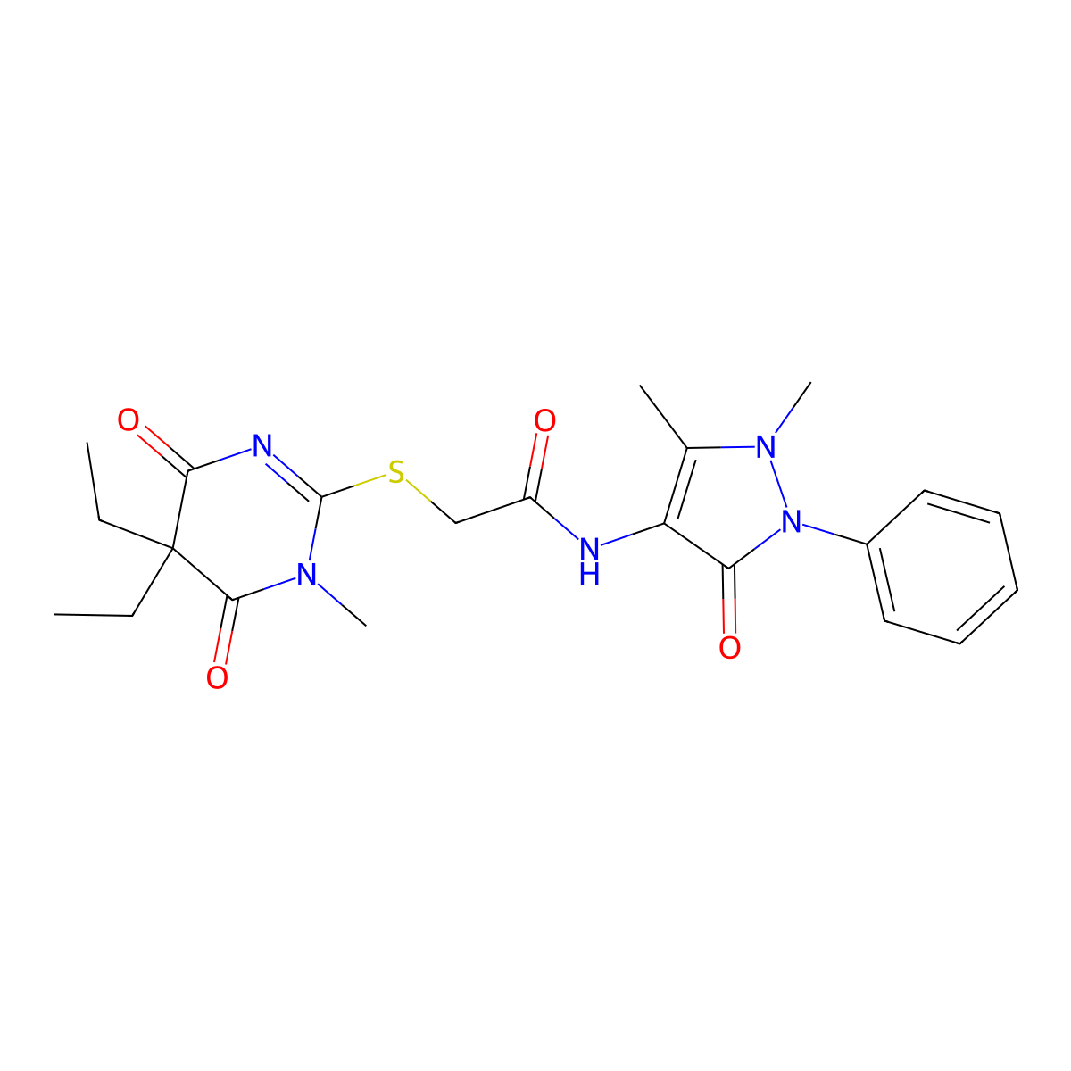 2-(5,5-diethyl-1-methyl-4,6-dioxopyrimidin-2-yl)sulfanyl-N-(1,5-dimethyl-3-oxo-2-phenylpyrazol-4-yl)acetamide molecular structure, CAS 634168-30-2
