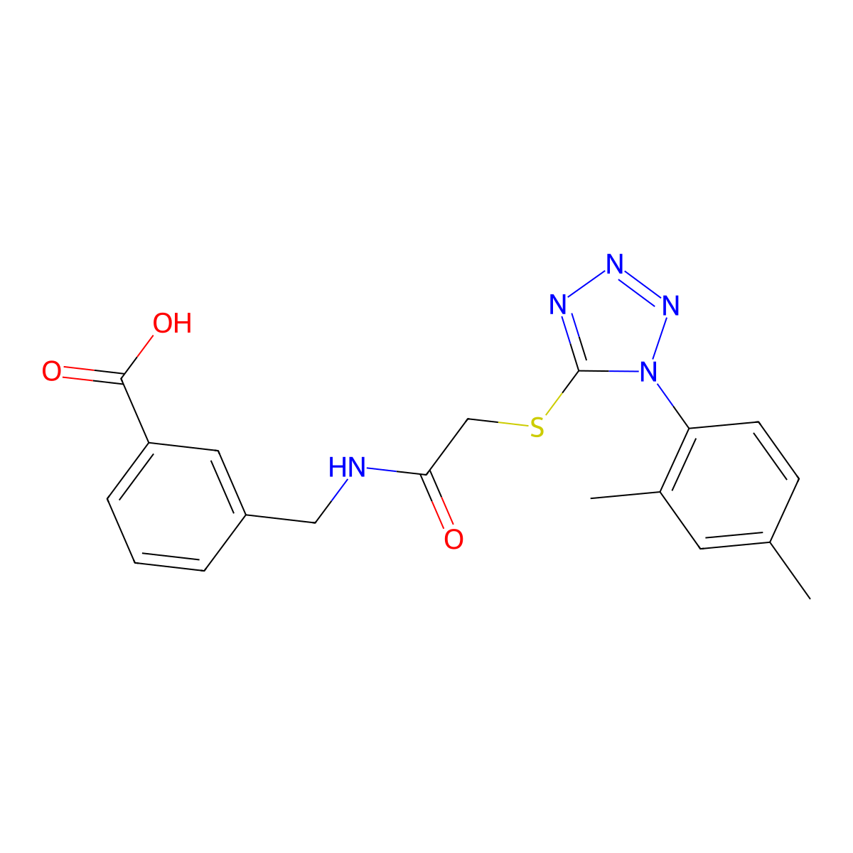 3-[[[2-[1-(2,4-dimethylphenyl)tetrazol-5-yl]sulfanylacetyl]amino]methyl]benzoic Acid molecular structure, CAS 634168-61-9