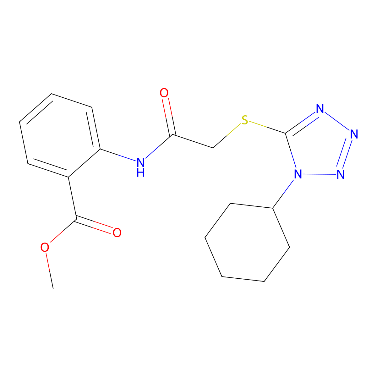 2-[[2-[(1-Cyclohexyl-5-tetrazolyl)thio]-1-oxoethyl]amino]benzoic acid methyl ester molecular structure, CAS 634168-85-7