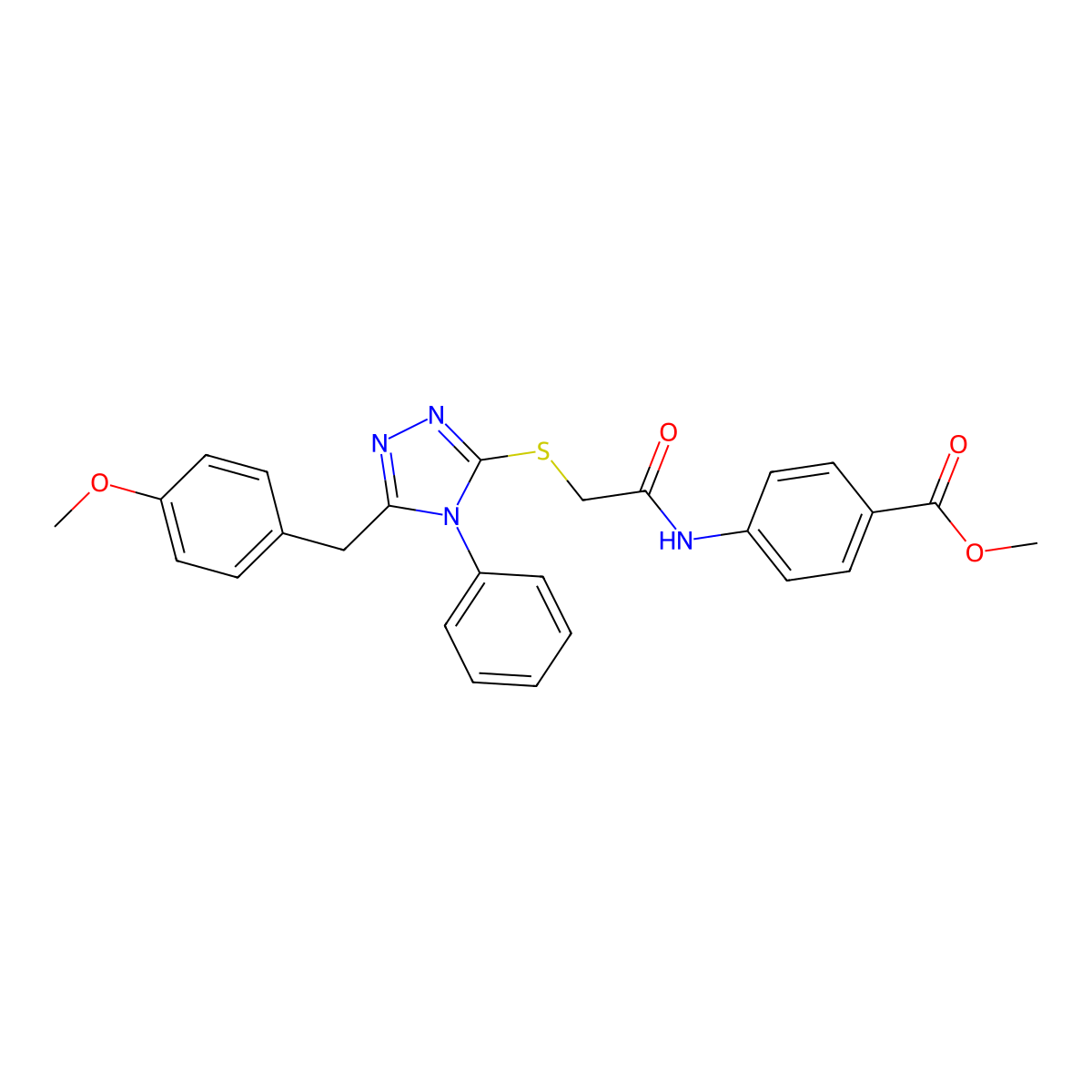 Methyl 4-[[2-[[5-[(4-methoxyphenyl)methyl]-4-phenyl-1,2,4-triazol-3-yl]sulfanyl]acetyl]amino]benzoate molecular structure, CAS 634169-51-0