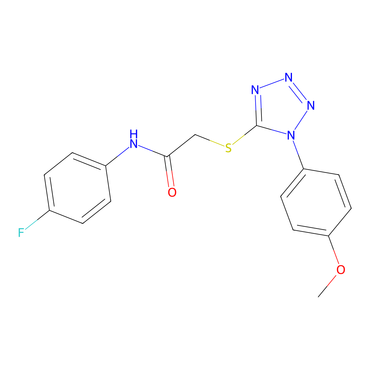 N-(4-Fluorophenyl)-2-((1-(4-methoxyphenyl)-1H-tetrazol-5-yl)thio)acetamide molecular structure, CAS 634172-01-3
