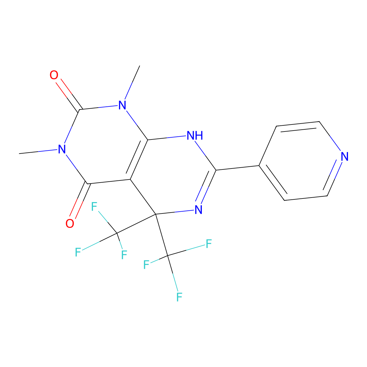1,3-dimethyl-7-(pyridin-4-yl)-5,5-bis(trifluoromethyl)-5,8-dihydropyrimido[4,5-d]pyrimidine-2,4(1H,3H)-dione molecular structure, CAS 634173-03-8