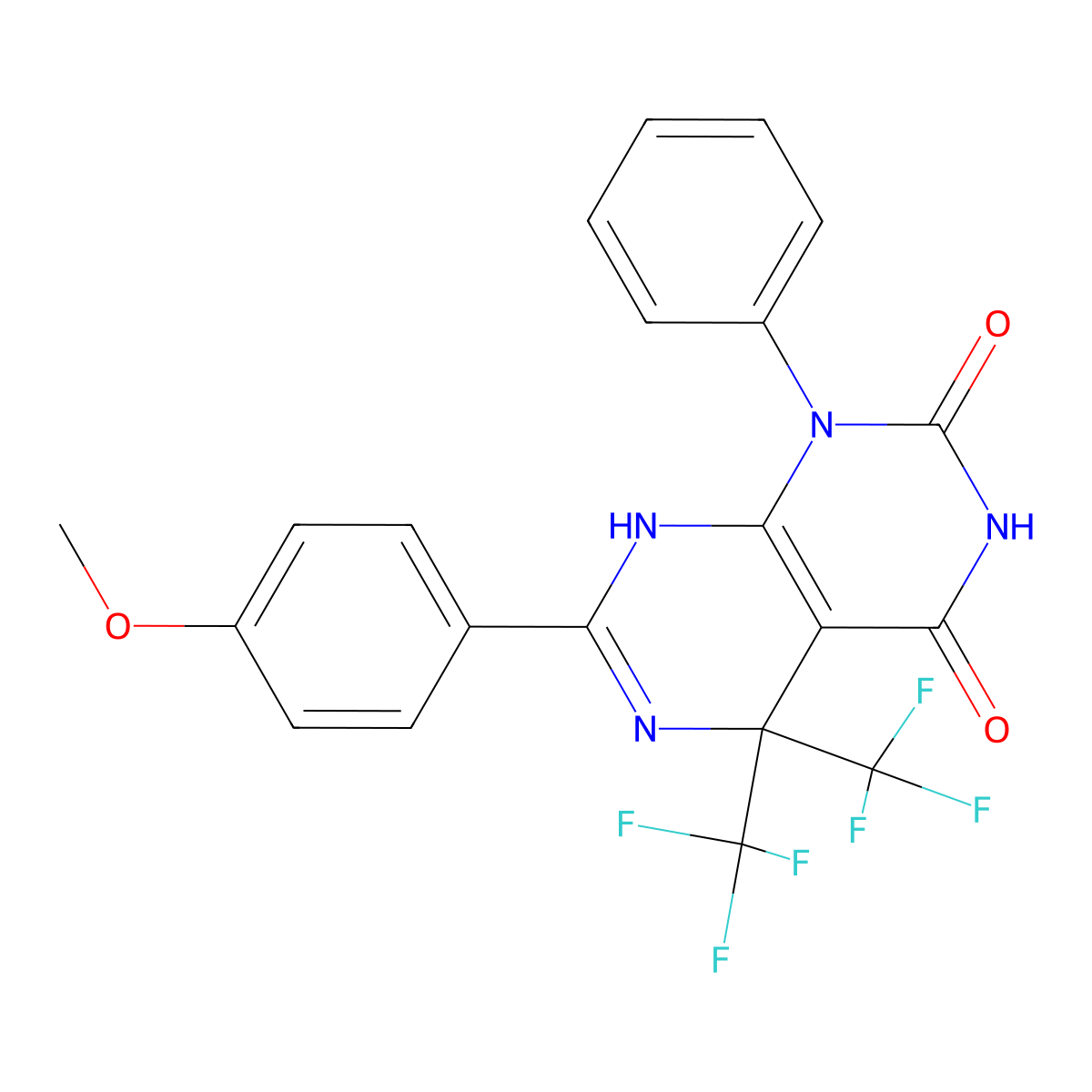 7-(4-methoxyphenyl)-1-phenyl-5,5-bis(trifluoromethyl)-8H-pyrimido[4,5-d]pyrimidine-2,4-dione molecular structure, CAS 634173-60-7