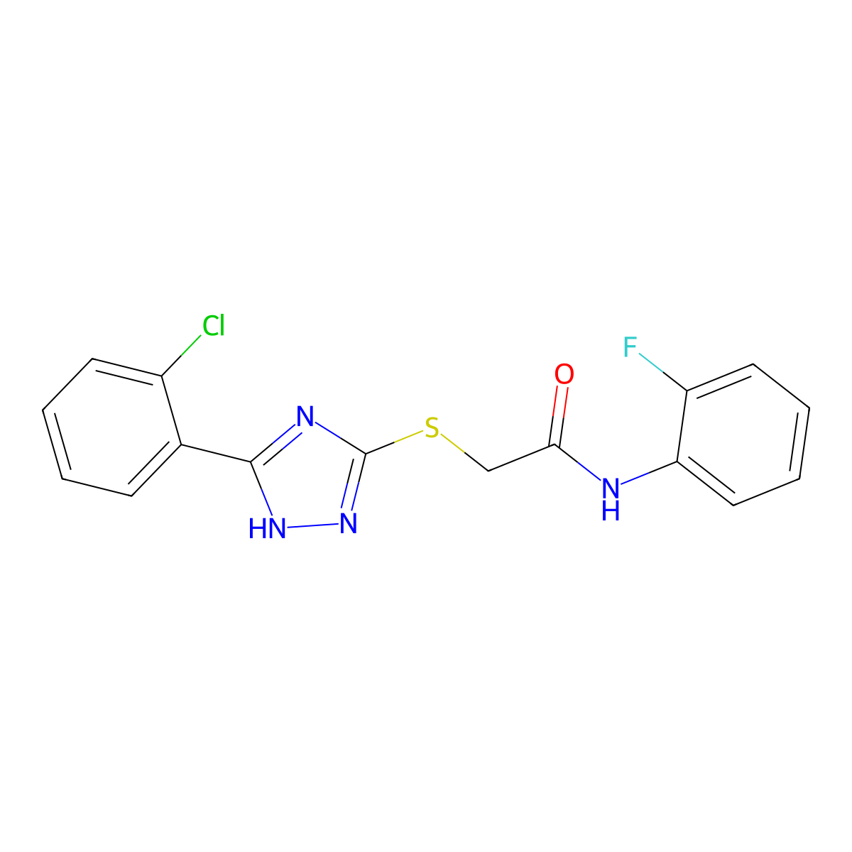 2-[[5-(2-chlorophenyl)-1H-1,2,4-triazol-3-yl]sulfanyl]-N-(2-fluorophenyl)acetamide molecular structure, CAS 634174-48-4