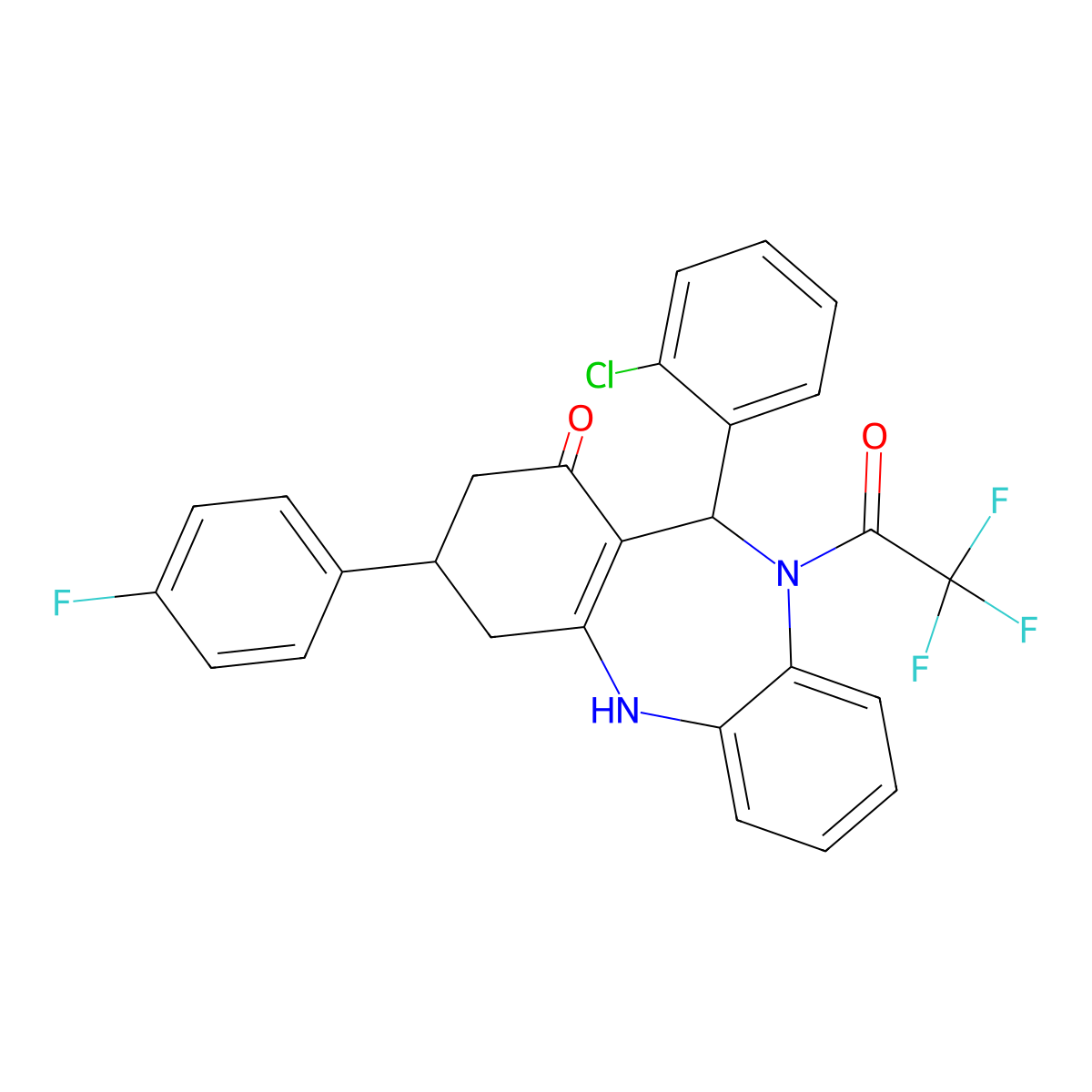 11-(2-chlorophenyl)-3-(4-fluorophenyl)-10-(trifluoroacetyl)-2,3,4,5,10,11-hexahydro-1H-dibenzo[b,e][1,4]diazepin-1-one molecular structure, CAS 634174-78-0
