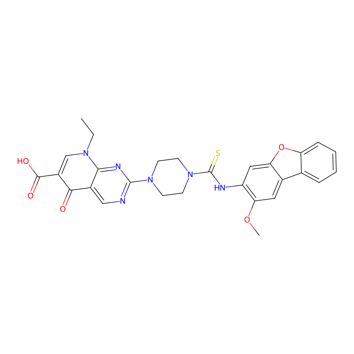 8-Ethyl-2-[4-[(2-methoxydibenzofuran-3-yl)carbamothioyl]piperazin-1-yl]-5-oxopyrido[2,3-d]pyrimidine-6-carboxylic acid molecular structure, CAS 634175-38-5