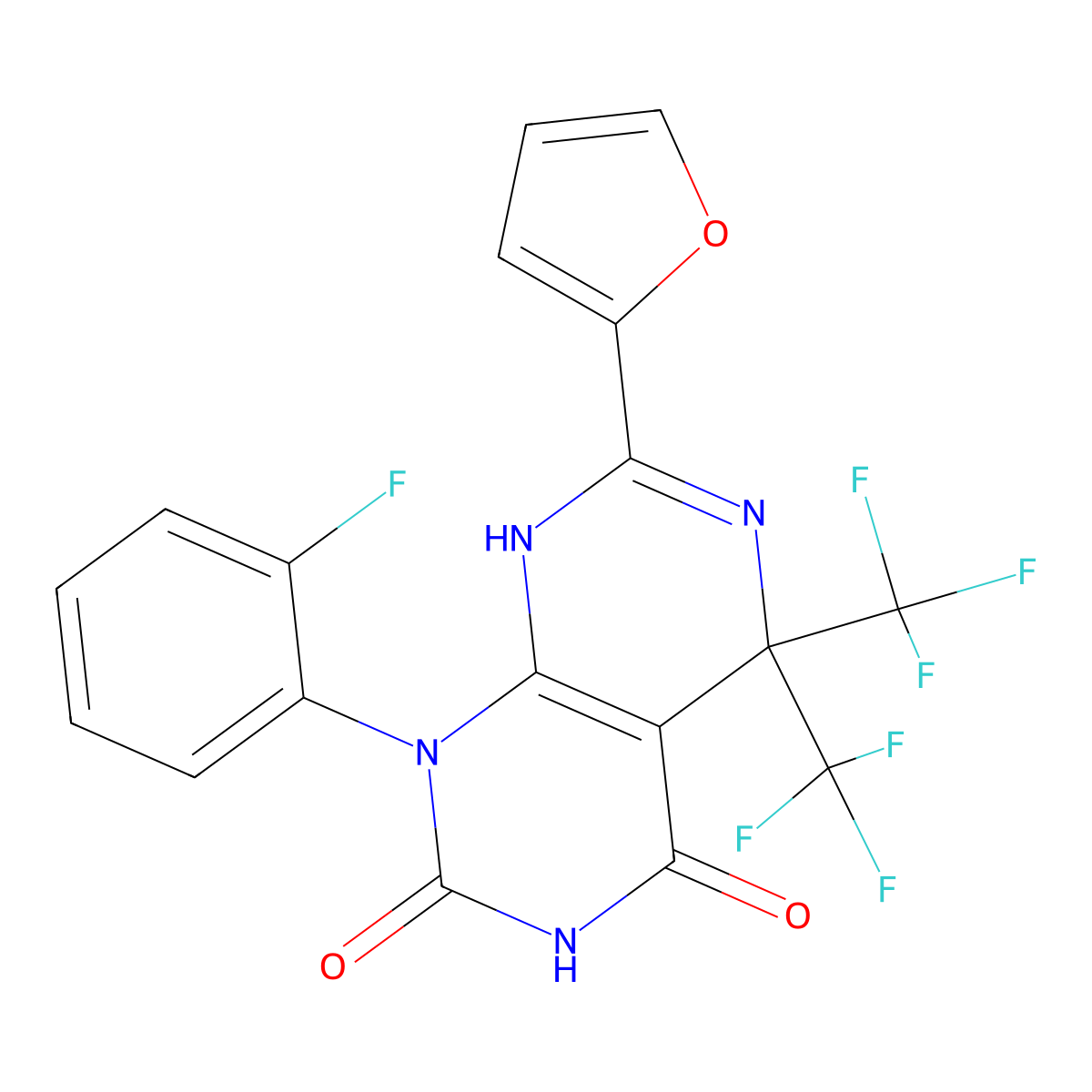1-(2-fluorophenyl)-7-(furan-2-yl)-5,5-bis(trifluoromethyl)-8H-pyrimido[4,5-d]pyrimidine-2,4-dione molecular structure, CAS 634175-71-6