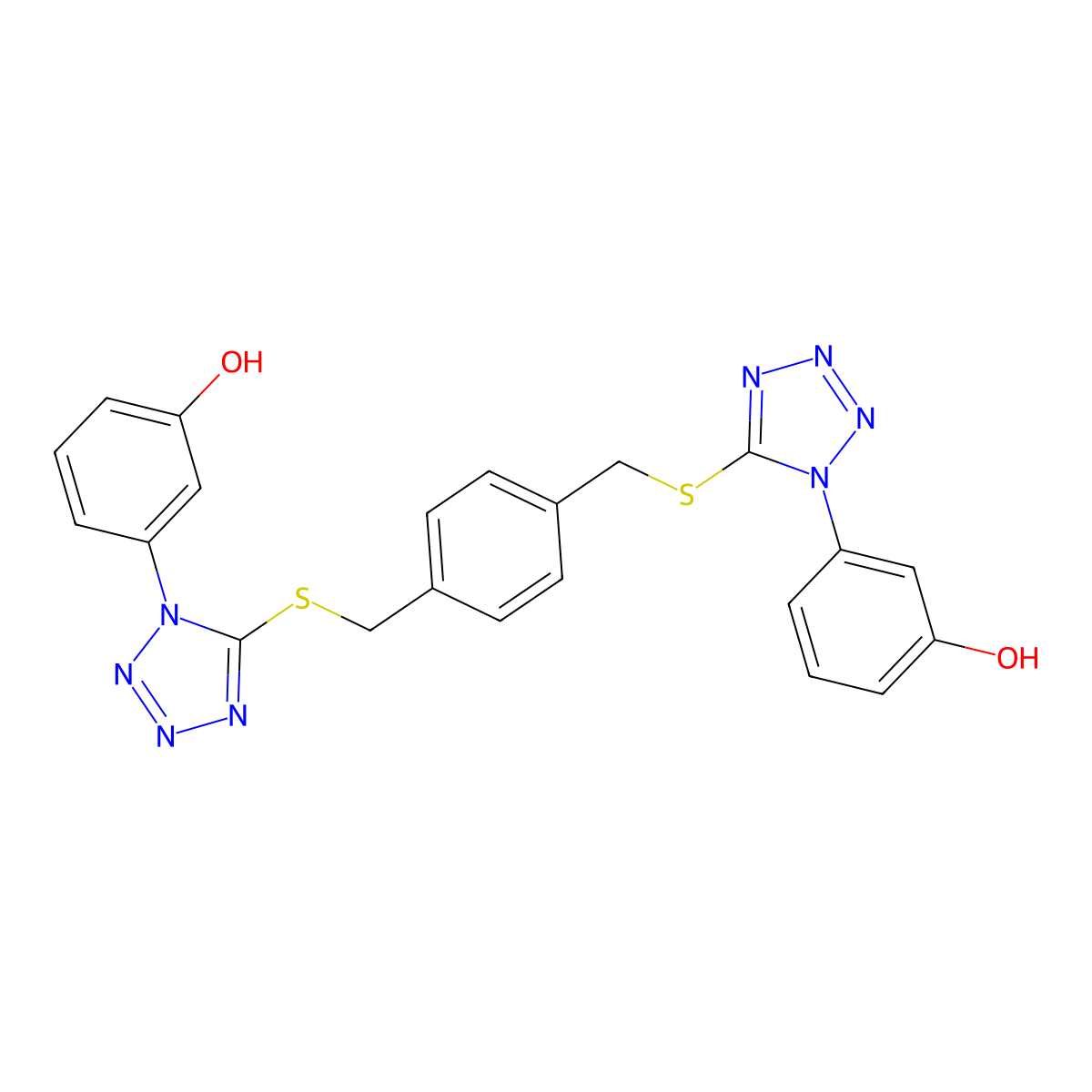 3-[5-[[4-[[1-(3-Hydroxyphenyl)tetrazol-5-yl]sulfanylmethyl]phenyl]methylsulfanyl]tetrazol-1-yl]phenol molecular structure, CAS 634176-25-3