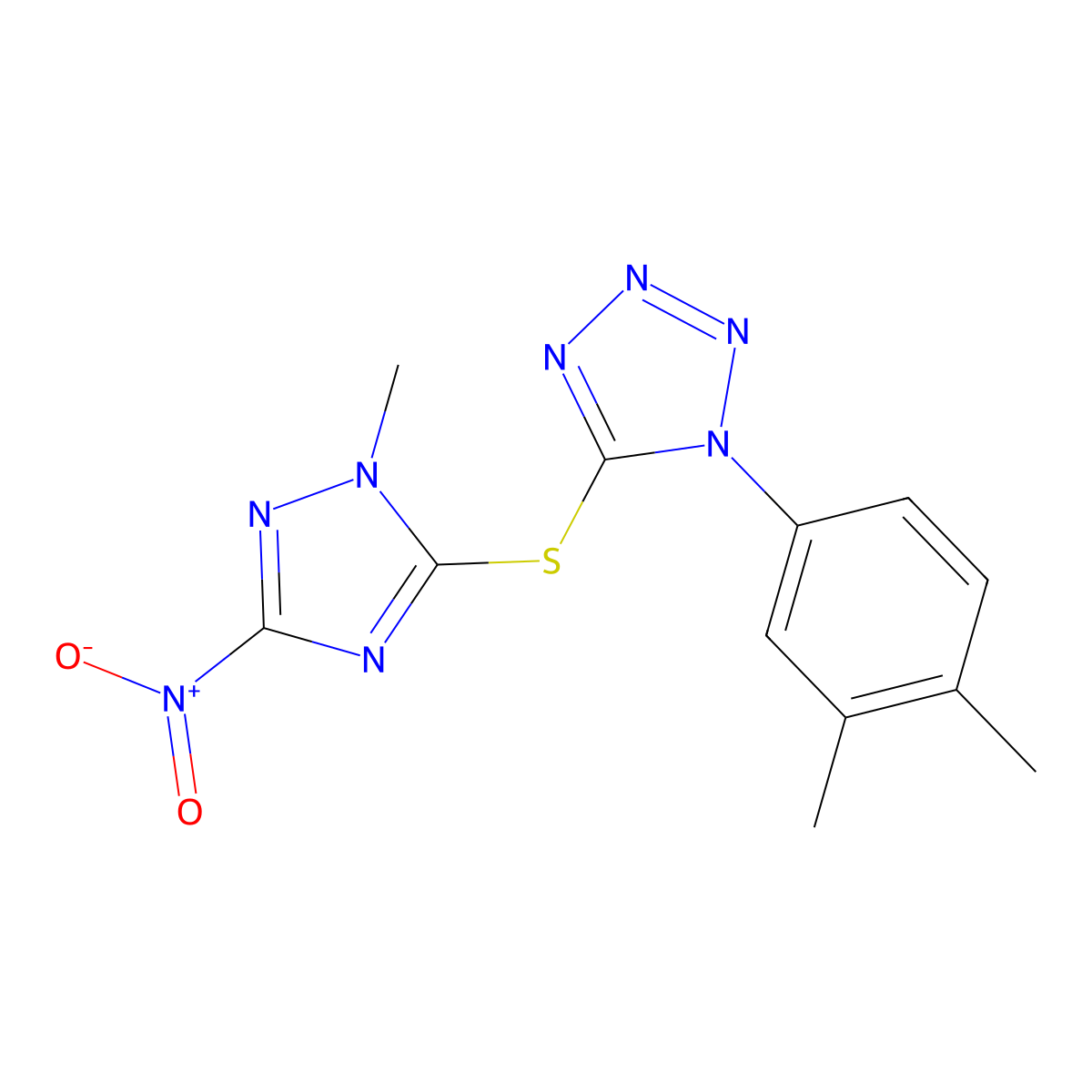 1-(3,4-Dimethylphenyl)-5-[(2-methyl-5-nitro-1,2,4-triazol-3-yl)sulfanyl]tetrazole molecular structure, CAS 634176-37-7
