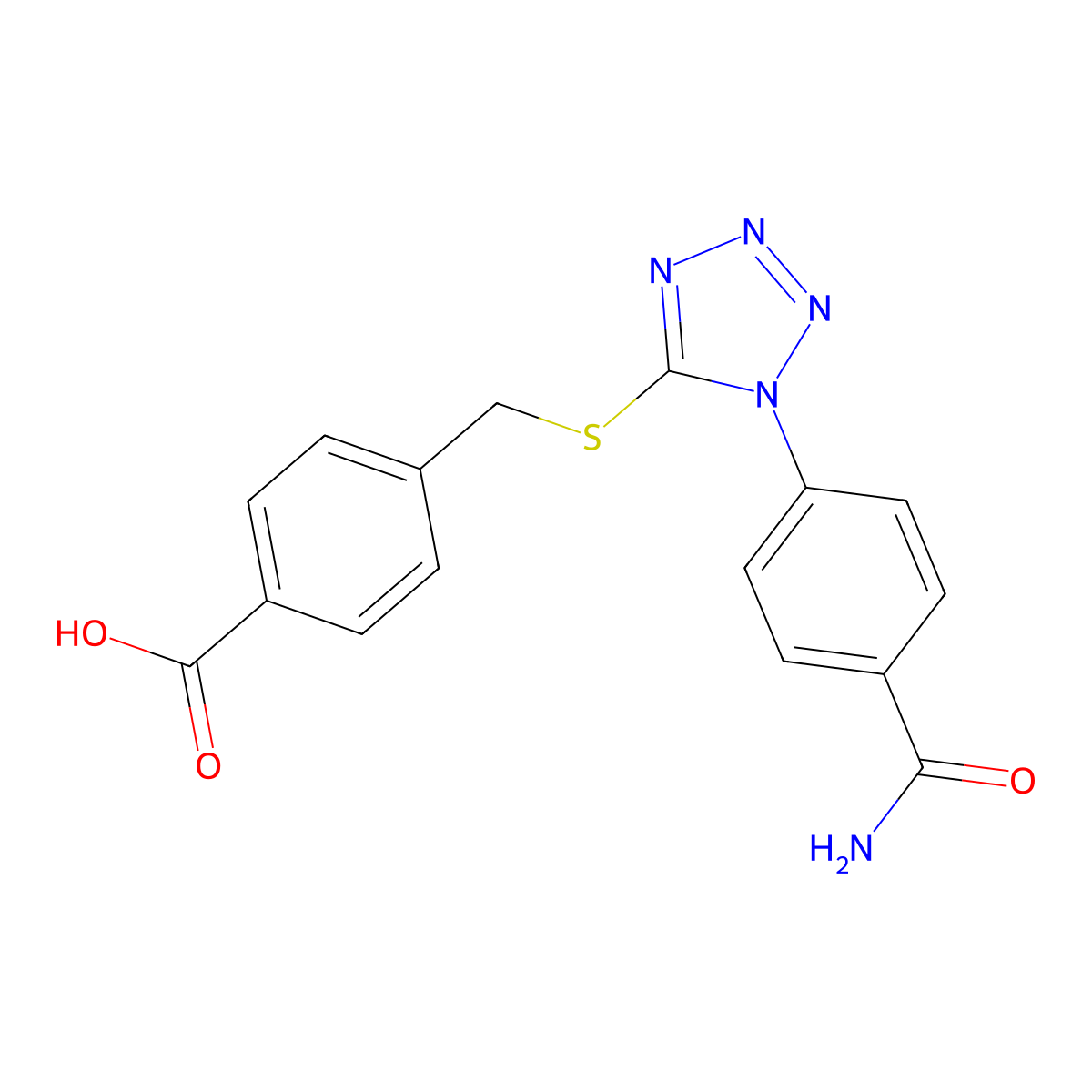 4-[[1-(4-carbamoylphenyl)tetrazol-5-yl]sulfanylmethyl]benzoic Acid molecular structure, CAS 634178-12-4