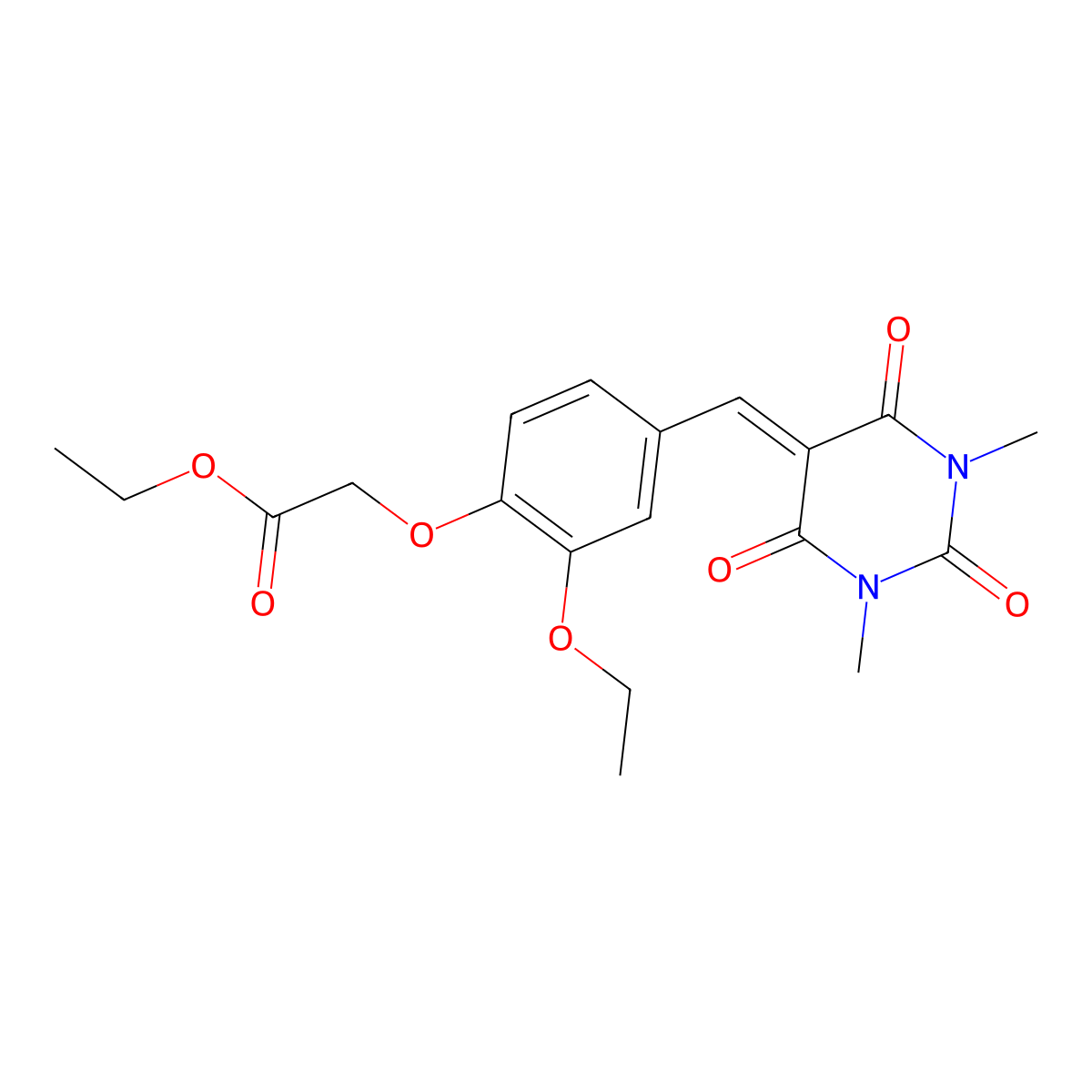 Ethyl 2-[4-[(1,3-dimethyl-2,4,6-trioxo-1,3-diazinan-5-ylidene)methyl]-2-ethoxyphenoxy]acetate molecular structure, CAS 6343-19-7