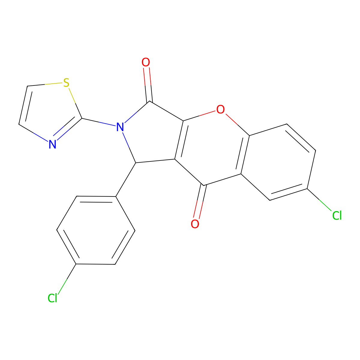 7-Chloro-1-(4-chlorophenyl)-2-(thiazol-2-yl)-1,2-dihydrochromeno[2,3-c]pyrrole-3,9-dione molecular structure, CAS 634564-12-8