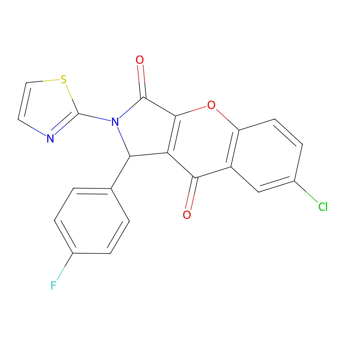 7-Chloro-1-(4-fluorophenyl)-2-(1,3-thiazol-2-yl)-1,2-dihydrochromeno[2,3-c]pyrrole-3,9-dione molecular structure, CAS 634564-42-4