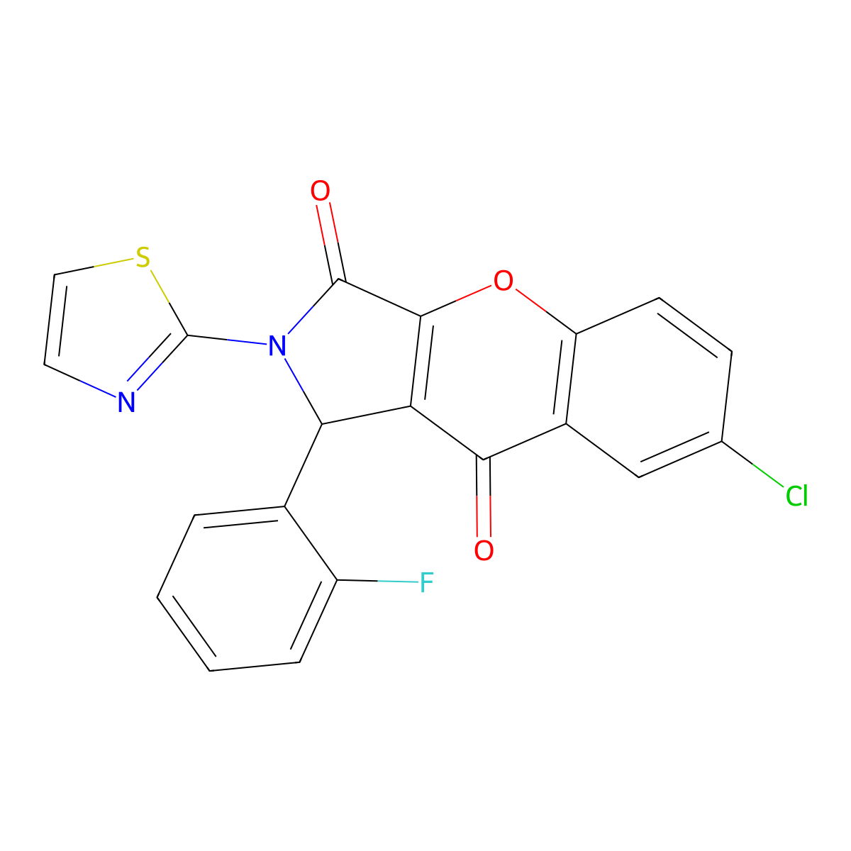 7-Chloro-1-(2-fluorophenyl)-2-(thiazol-2-yl)-1,2-dihydrochromeno[2,3-c]pyrrole-3,9-dione molecular structure, CAS 634566-48-6
