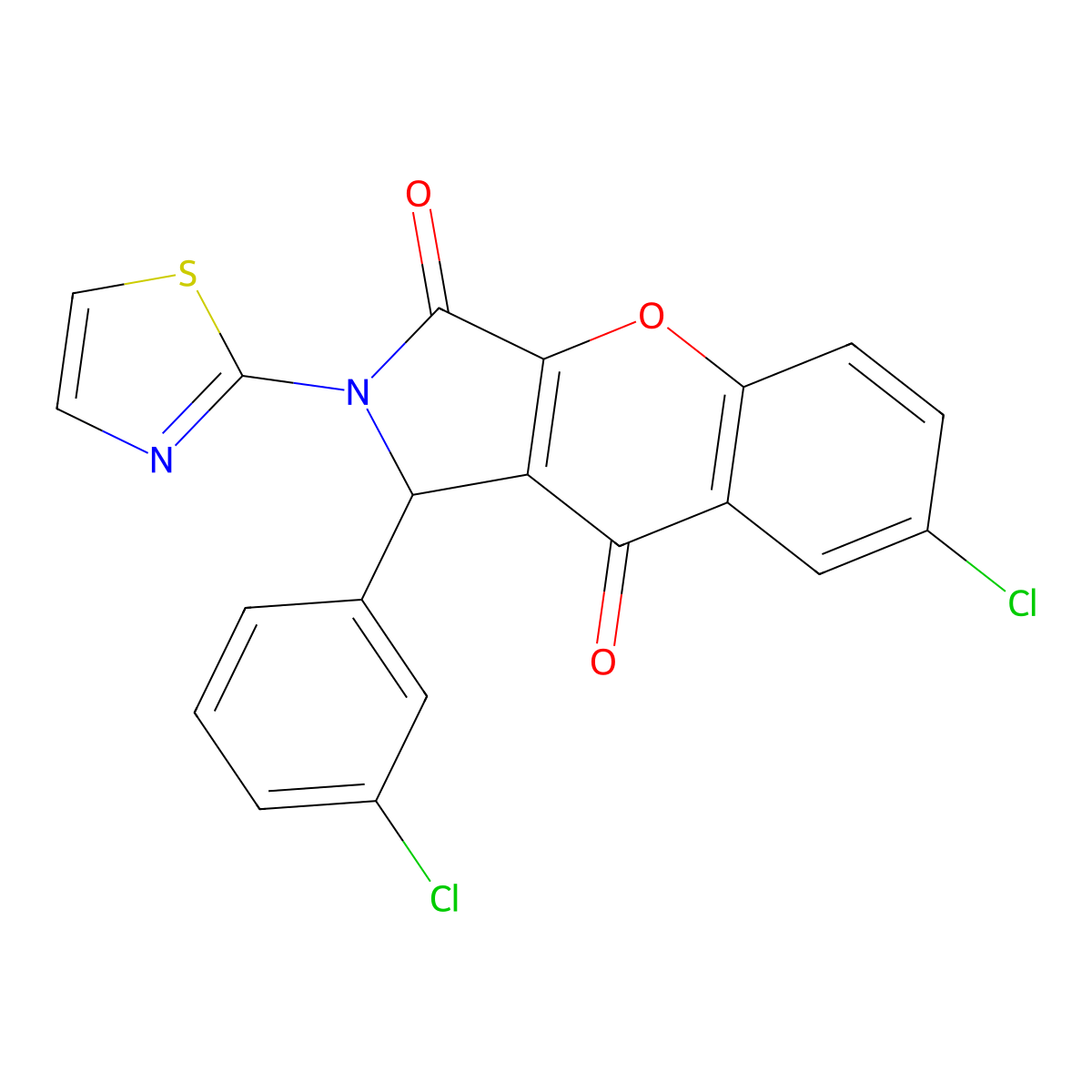7-Chloro-1-(3-chlorophenyl)-2-(thiazol-2-yl)-1,2-dihydrochromeno[2,3-c]pyrrole-3,9-dione molecular structure, CAS 634566-60-2