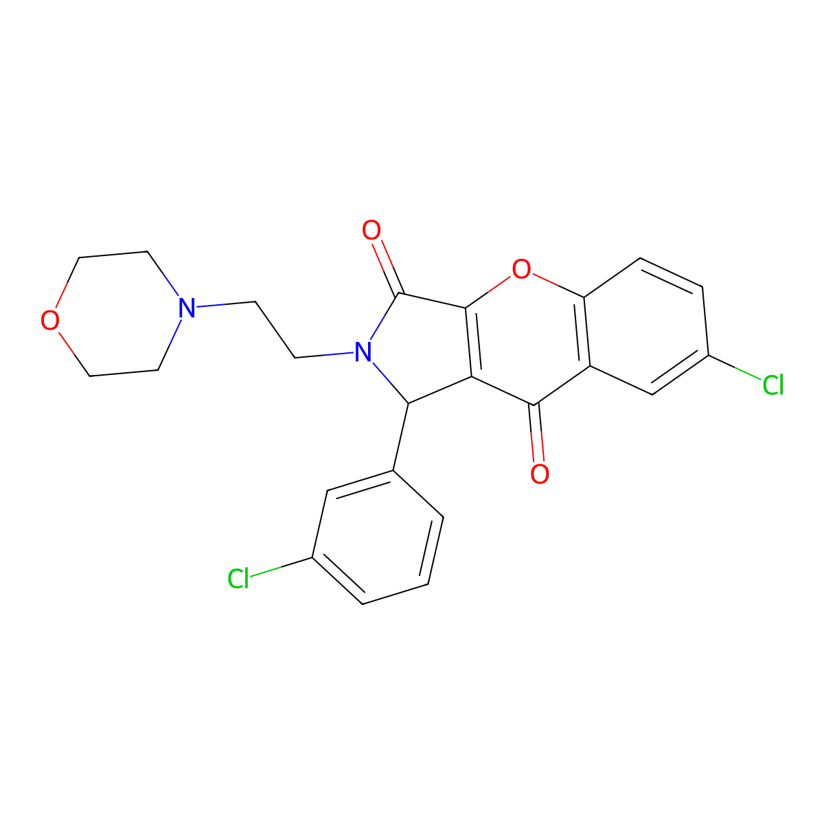 7-Chloro-1-(3-chlorophenyl)-2-(2-morpholinoethyl)-1,2-dihydrochromeno[2,3-c]pyrrole-3,9-dione molecular structure, CAS 634574-97-3