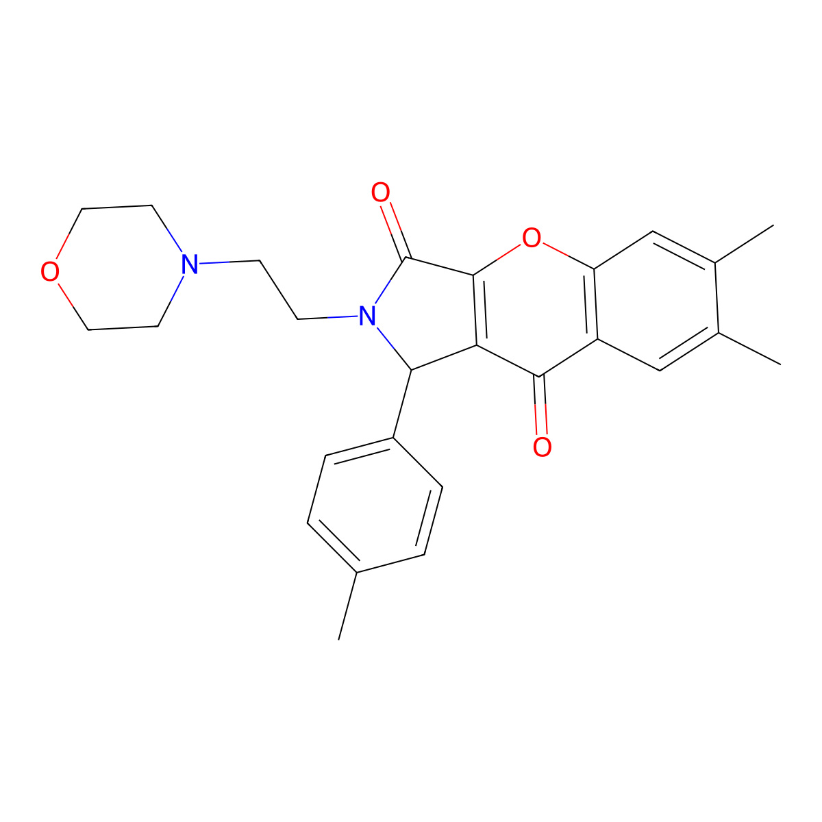 6,7-Dimethyl-2-(2-morpholinoethyl)-1-(p-tolyl)-1,2-dihydrochromeno[2,3-c]pyrrole-3,9-dione molecular structure, CAS 634575-78-3