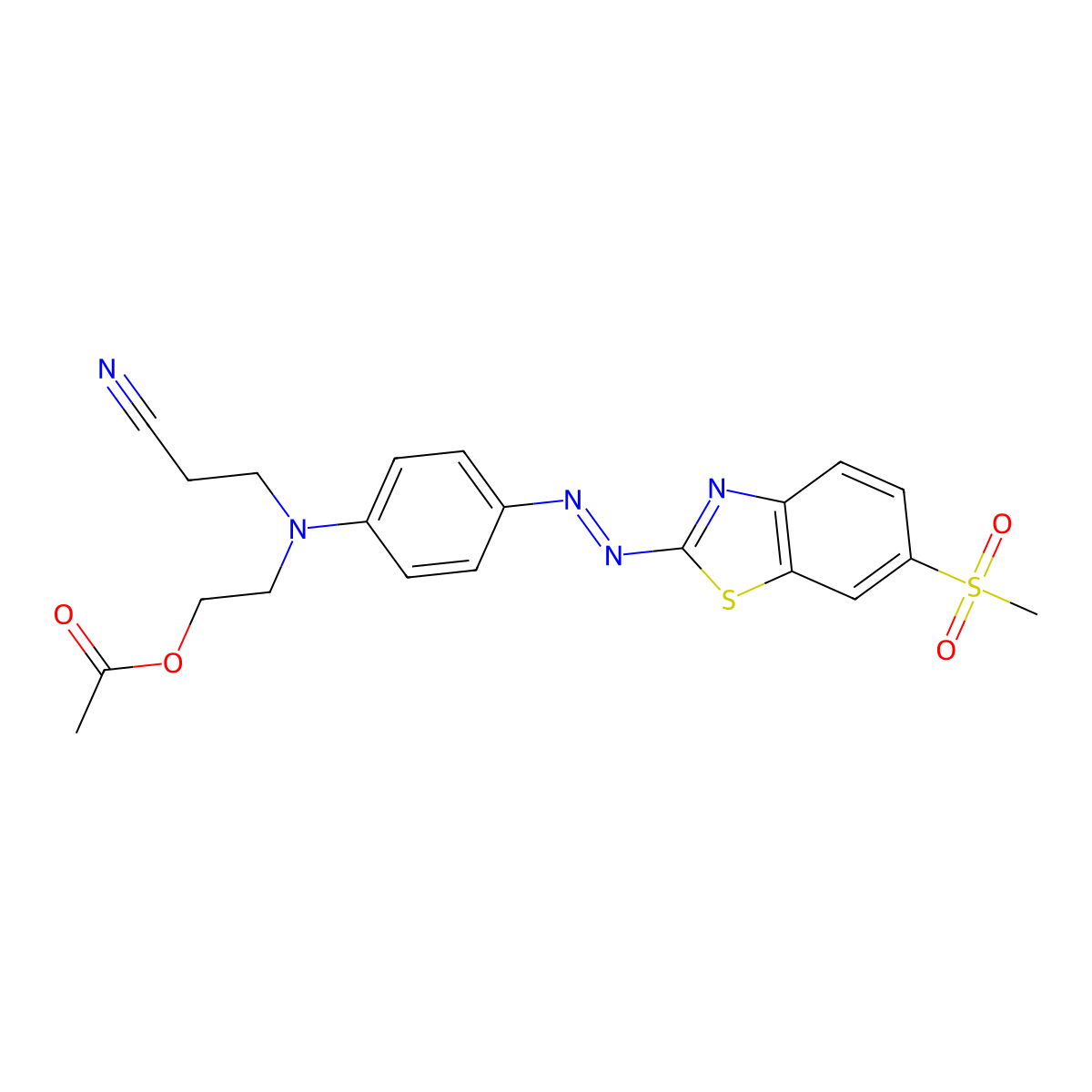 Propanenitrile, 3-((2-(acetyloxy)ethyl)(4-(2-(6-(methylsulfonyl)-2-benzothiazolyl)diazenyl)phenyl)amino)- molecular structure, CAS 63467-09-4