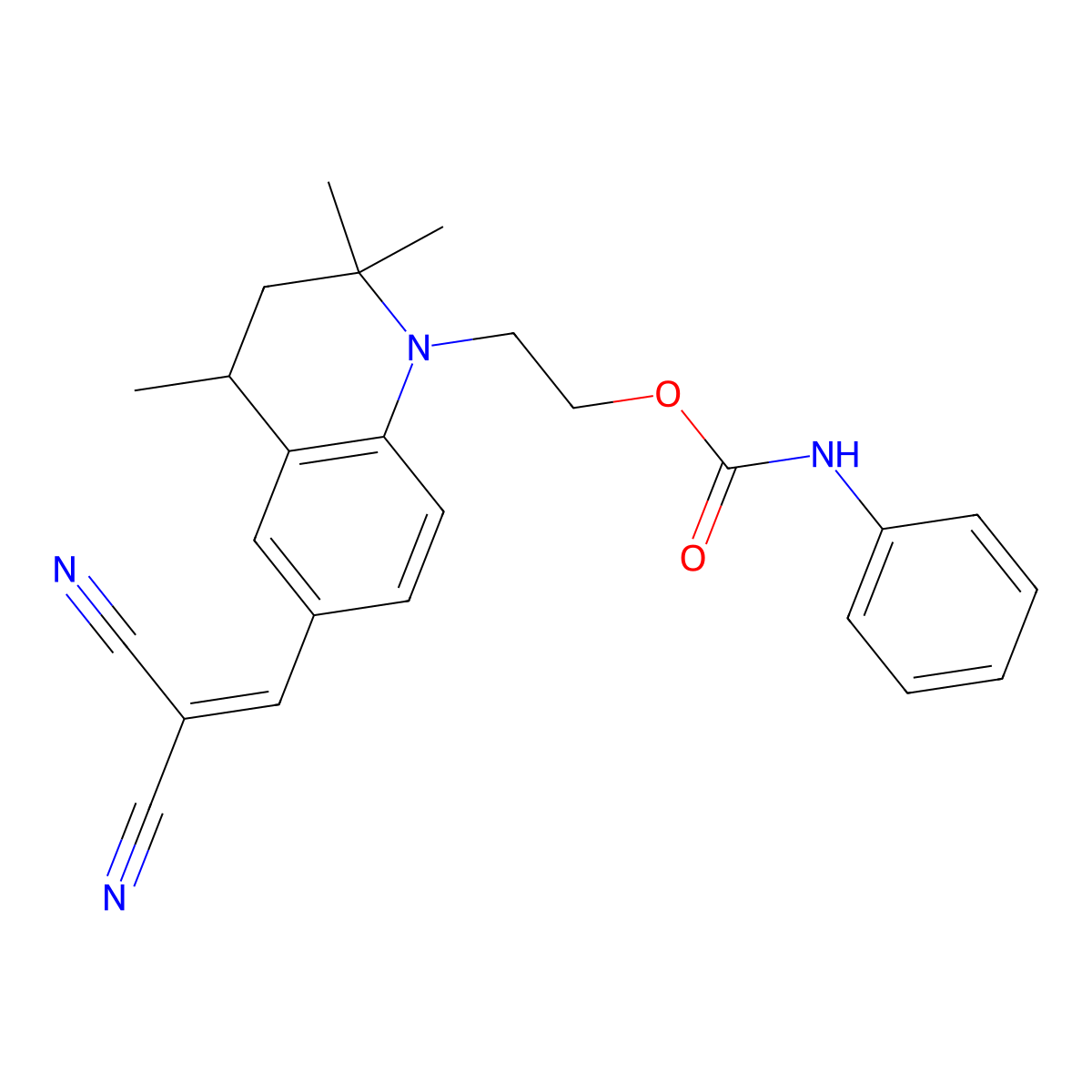 Propanedinitrile, 2-[[1,2,3,4-tetrahydro-2,2,4-trimethyl-1-[2-[[(phenylamino)carbonyl]oxy]ethyl]-6-quinolinyl]methylene]- molecular structure, CAS 63467-19-6