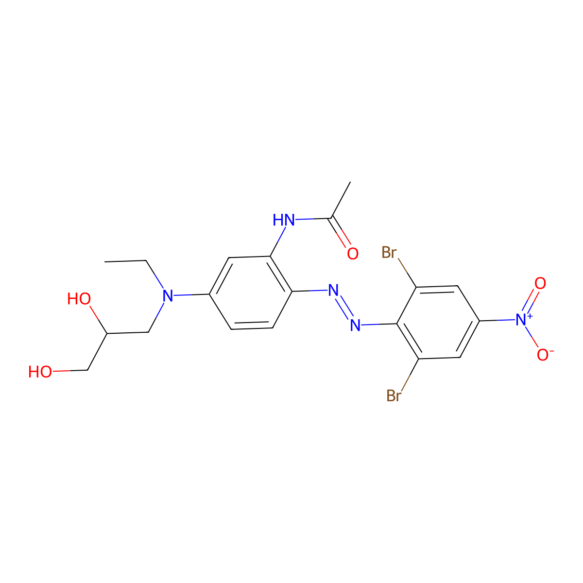Acetamide, N-[2-[2-(2,6-dibromo-4-nitrophenyl)diazenyl]-5-[(2,3-dihydroxypropyl)ethylamino]phenyl]- molecular structure, CAS 63467-23-2