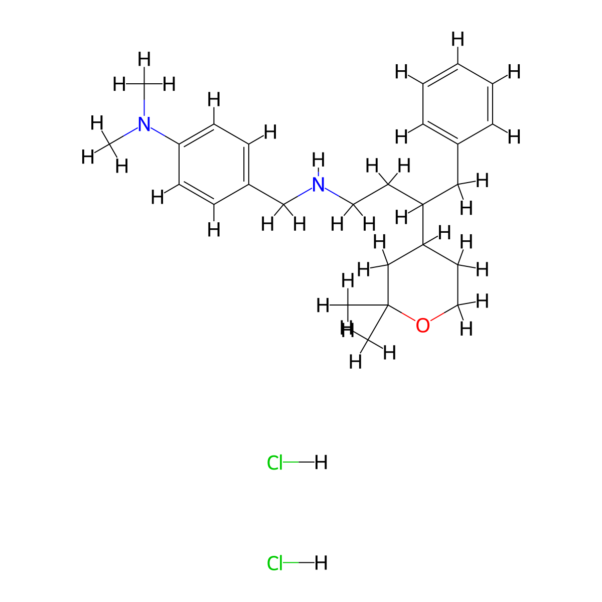 4-({[3-(2,2-dimethyloxan-4-yl)-4-phenylbutyl]amino}methyl)-N,N-dimethylaniline dihydrochloride molecular structure, CAS 634908-46-6