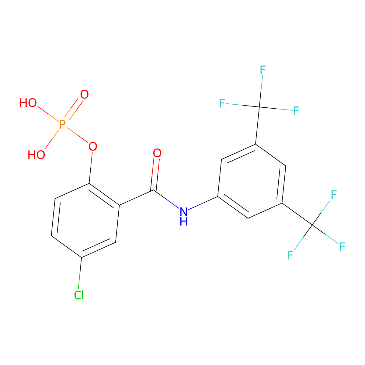 2-((3,5-Bis(trifluoromethyl) phenyl)carbamoyl)-4-chlorophenyl dihydrogen phosphate molecular structure, CAS 634913-39-6