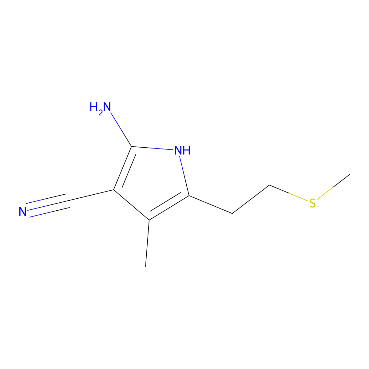 2-amino-4-methyl-5-[2-(methylsulfanyl)ethyl]-1H-pyrrole-3-carbonitrile molecular structure, CAS 63499-87-6