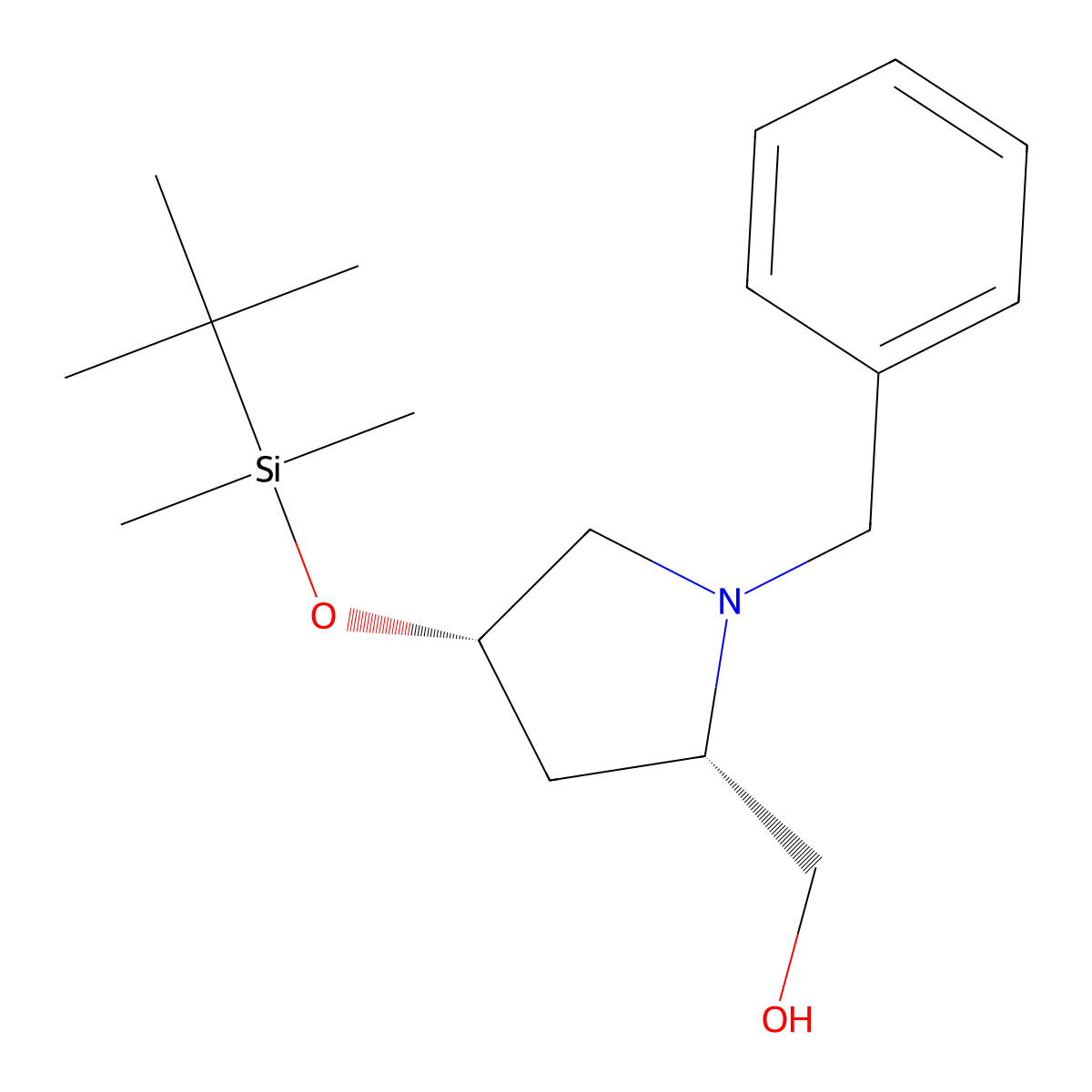 ((2S,4S)-1-benzyl-4-((tert-butyldimethylsilyl)oxy)pyrrolidin-2-yl)methanol molecular structure, CAS 635299-82-0