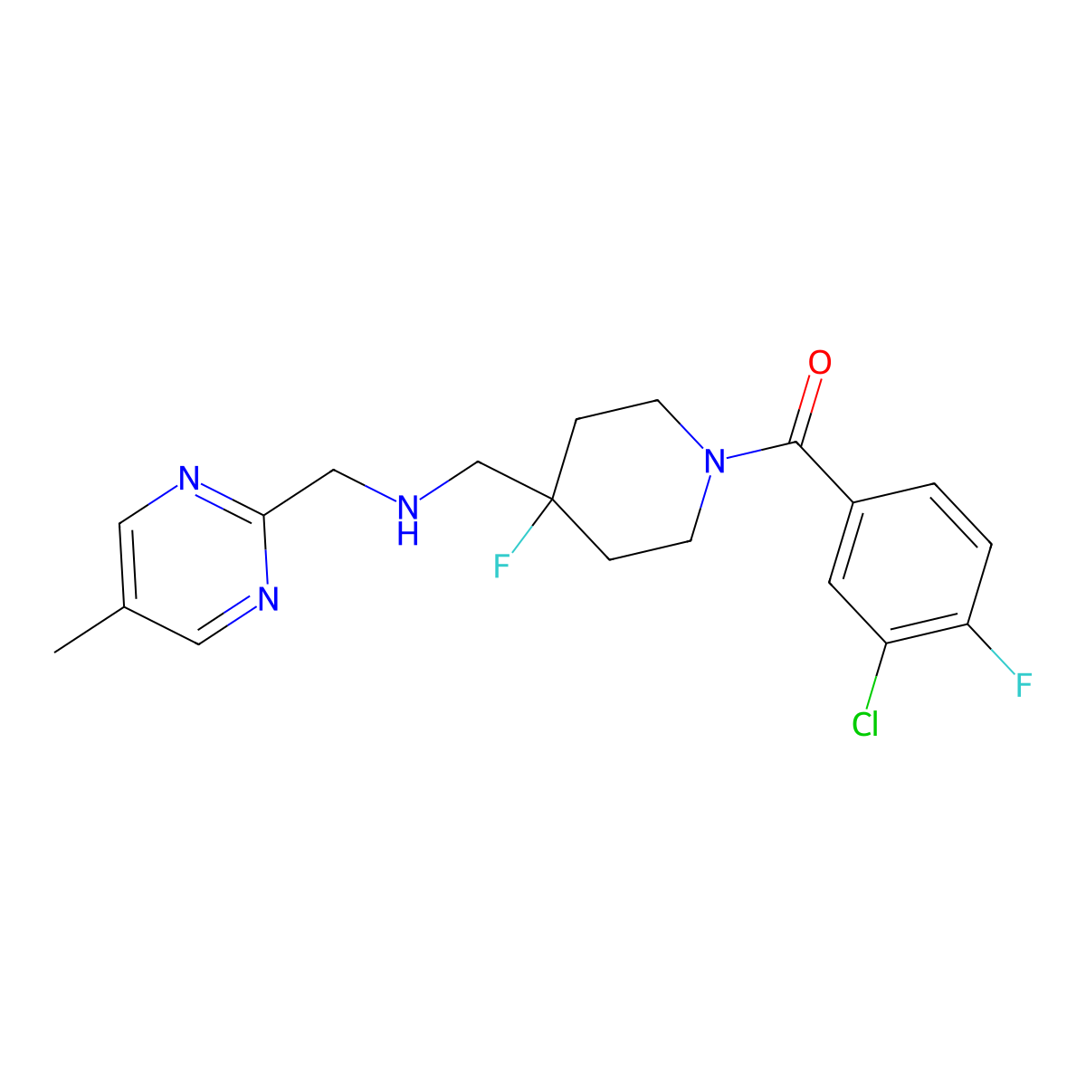 (3-Chloro-4-fluorophenyl)(4-fluoro-4-((((5-methyl-2-pyrimidinyl)methyl)amino)methyl)-1-piperidinyl)methanone molecular structure, CAS 635323-95-4