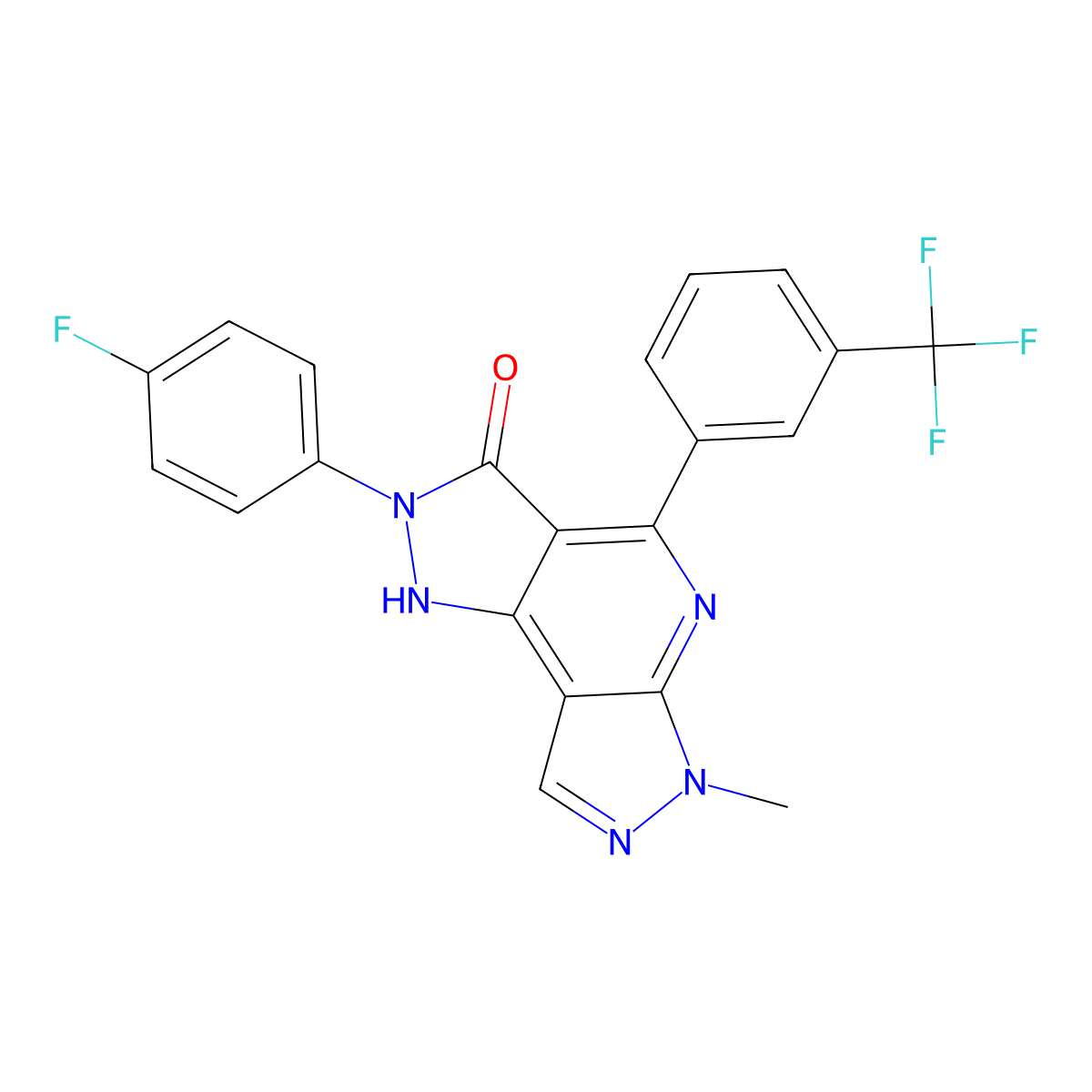 2-(4-Fluorophenyl)-6-methyl-4-(3-(trifluoromethyl)phenyl)-1,2-dihydrodipyrazolo[3,4-b:3',4'-d]pyridin-3(6H)-one molecular structure, CAS 635324-72-0