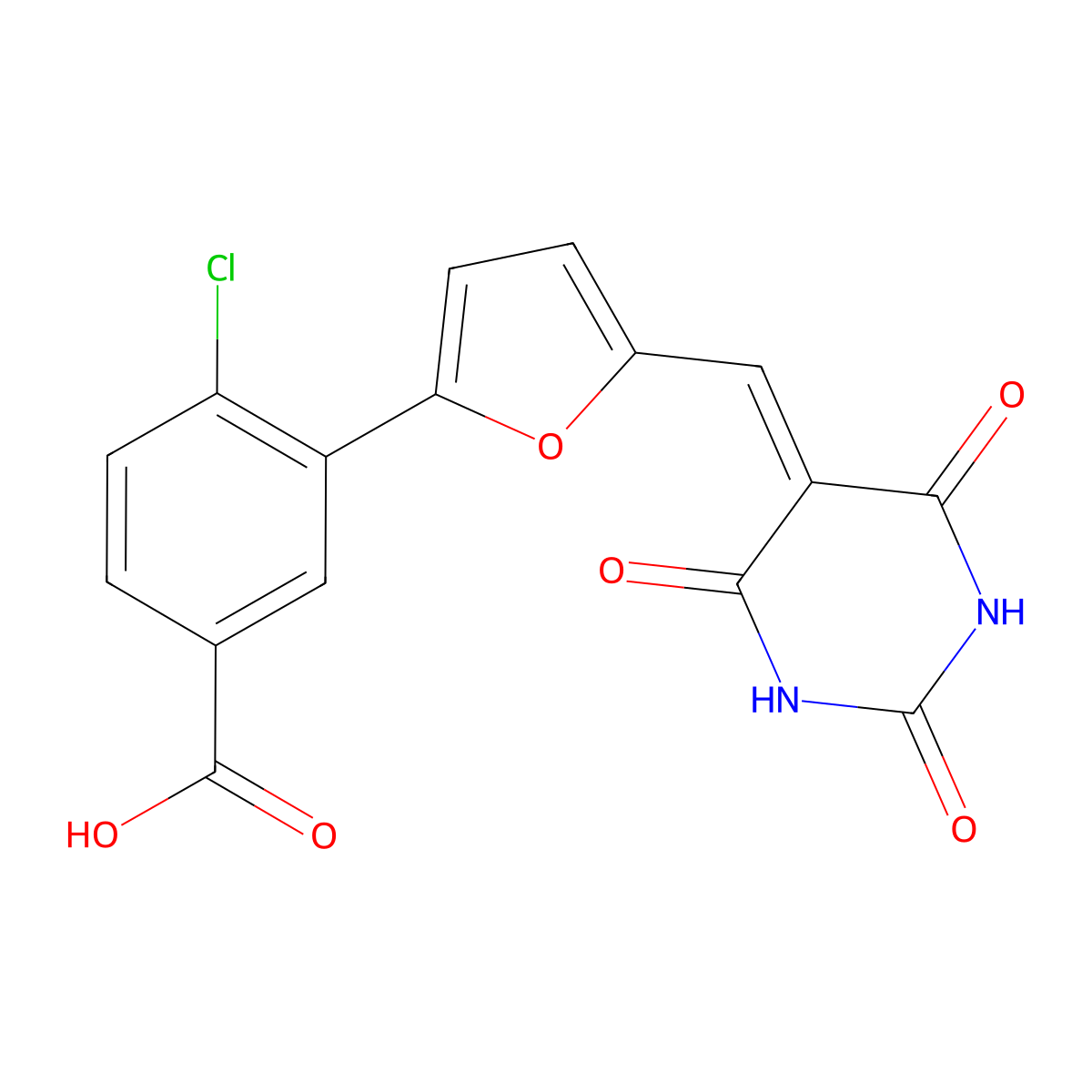 4-chloro-3-{5-[(2,4,6-trioxotetrahydro-5(2H)-pyrimidinylidene)methyl]-2-furyl}benzoic acid molecular structure, CAS 6354-28-5
