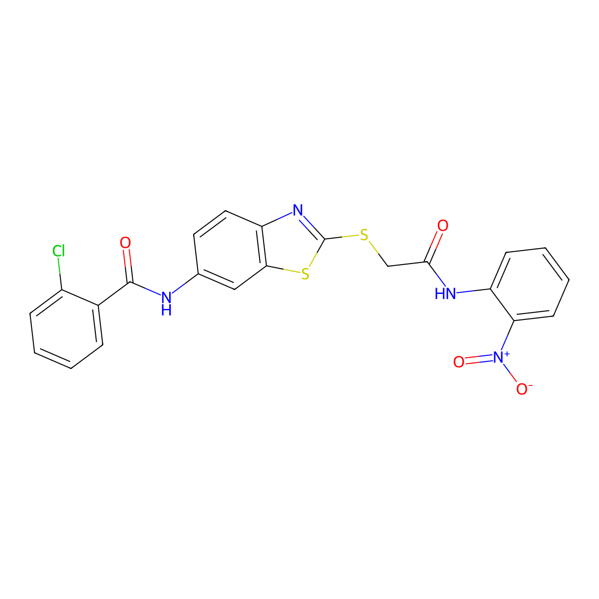 2-chloro-N-[2-[2-(2-nitroanilino)-2-oxoethyl]sulfanyl-1,3-benzothiazol-6-yl]benzamide molecular structure, CAS 6355-26-6