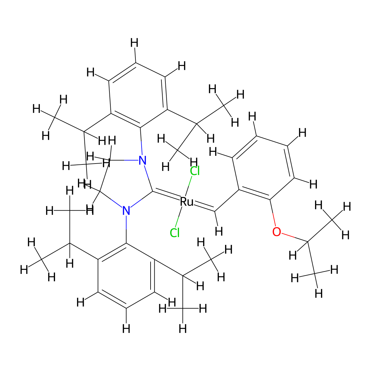 Dichloro[1,3-bis(2,6-isopropylphenyl)-2-imidazolidinylidene](2-isopropoxyphenylmethylene)ruthenium(II) , (H2IPr)(Cl)2Ru=CH(o-iPrOC6H4) molecular structure, CAS 635679-24-2