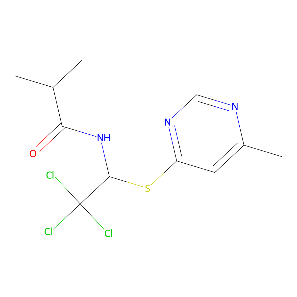 2-methyl-N-{2,2,2-trichloro-1-[(6-methylpyrimidin-4-yl)sulfanyl]ethyl}propanamide molecular structure, CAS 635700-71-9