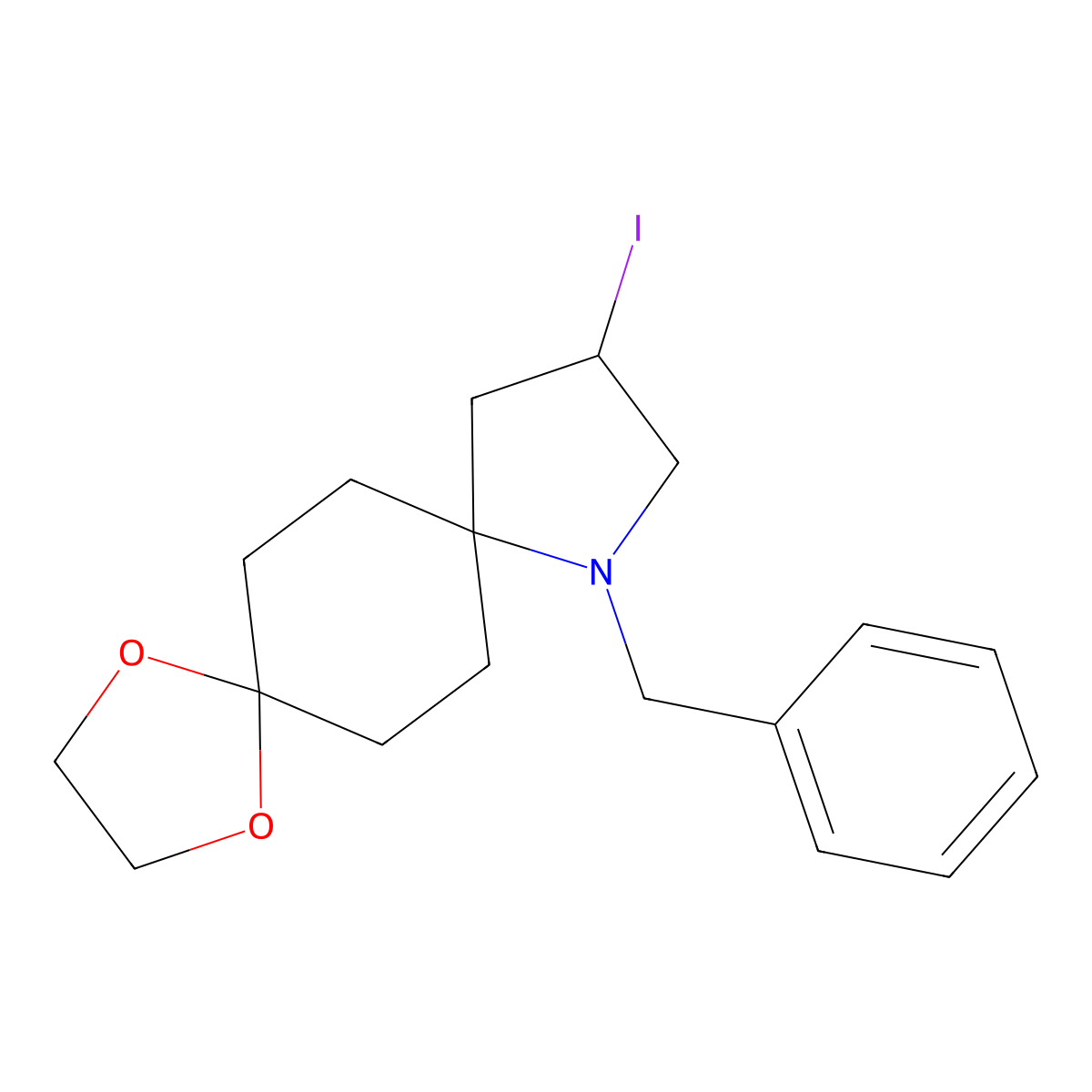 9-Benzyl-11-iodo-1,4-dioxa-9-azadispiro[4.2.4.2]tetradecane molecular structure, CAS 635728-14-2