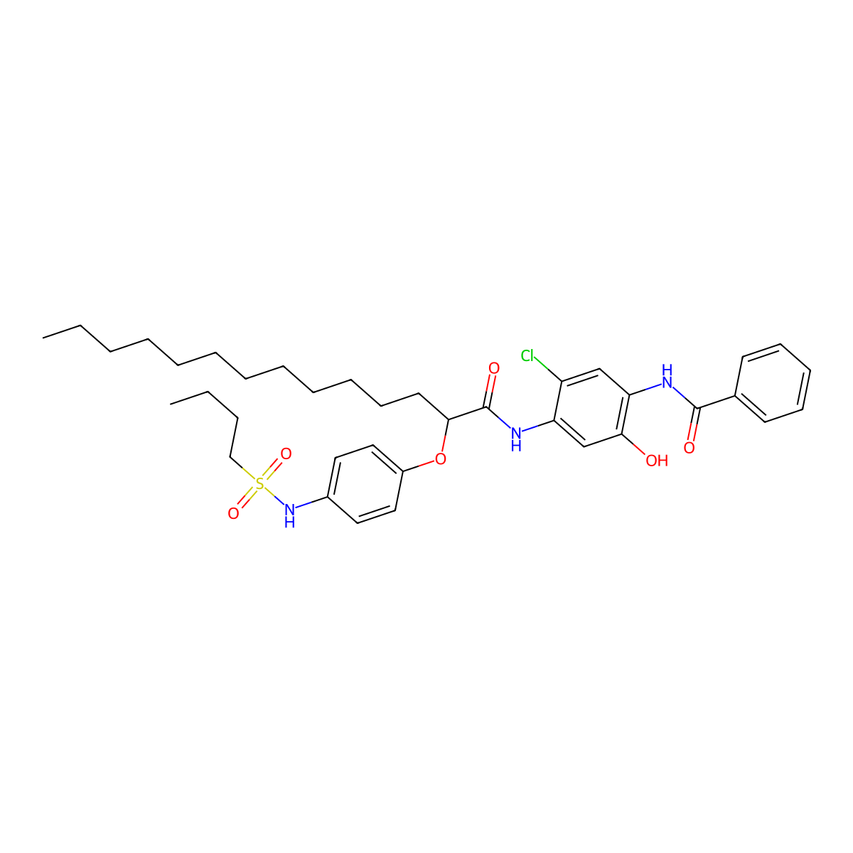 Benzamide, N-(4-((2-(4-((butylsulfonyl)amino)phenoxy)-1-oxotetradecyl)amino)-5-chloro-2-hydroxyphenyl)- molecular structure, CAS 63573-38-6