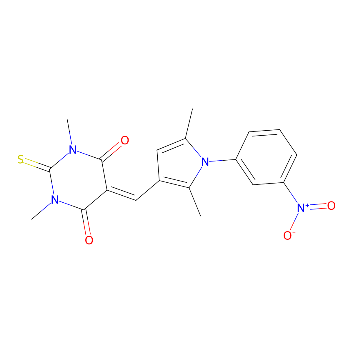 5-[[2,5-Dimethyl-1-(3-nitrophenyl)pyrrol-3-yl]methylidene]-1,3-dimethyl-2-sulfanylidene-1,3-diazinane-4,6-dione molecular structure, CAS 6358-61-8