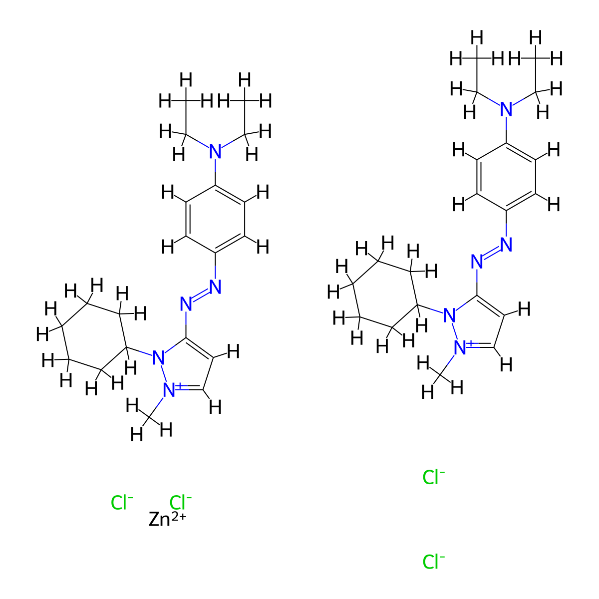 1H-Pyrazolium, 2-cyclohexyl-3-[2-[4-(diethylamino)phenyl]diazenyl]-1-methyl-, (T-4)-tetrachlorozincate(2-) (2:1) molecular structure, CAS 63589-49-1