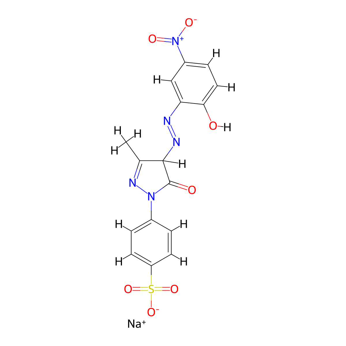 Benzenesulfonic acid, 4-[4,5-dihydro-4-[2-(2-hydroxy-5-nitrophenyl)diazenyl]-3-methyl-5-oxo-1H-pyrazol-1-yl]-, sodium salt (1:1) molecular structure, CAS 6359-86-0