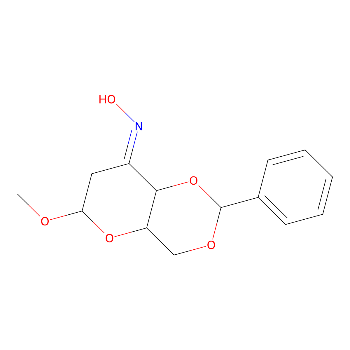 N-(6-methoxy-2-phenyl-4a,6,7,8a-tetrahydro-4H-pyrano[3,2-d][1,3]dioxin-8-ylidene)hydroxylamine molecular structure, CAS 63598-32-3
