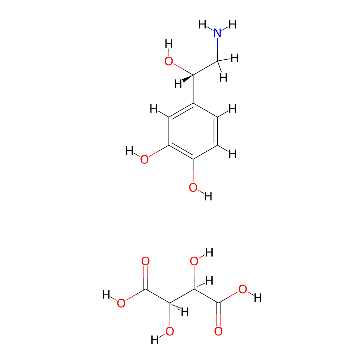 1,2-Benzenediol, 4-[(1S)-2-amino-1-hydroxyethyl]-, (2R,3R)-2,3-dihydroxybutanedioate (1:1) molecular structure, CAS 636-88-4