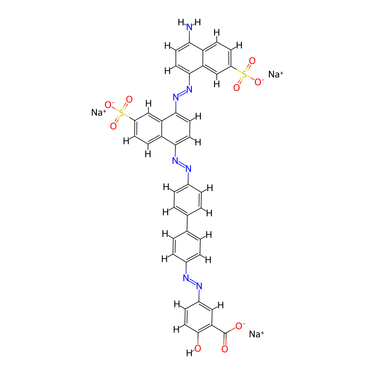 Benzoic acid, 5-(2-(4'-(2-(4-(2-(4-amino-7-sulfo-1-naphthalenyl)diazenyl)-6-sulfo-1-naphthalenyl)diazenyl)(1,1'-biphenyl)-4-yl)diazenyl)-2-hydroxy-, sodium salt (1:3) molecular structure, CAS 6360-29-8
